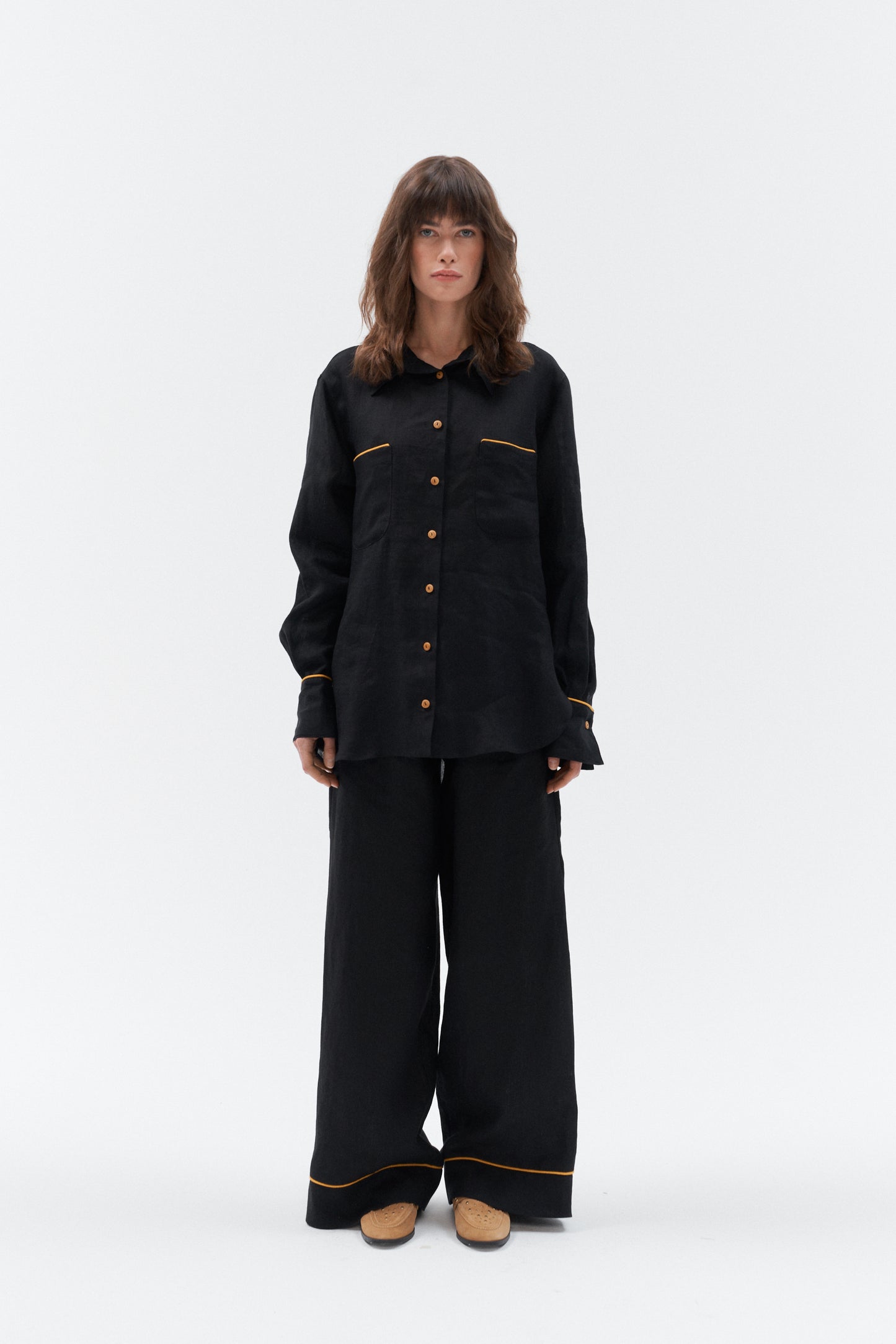 Grand Duchess black linen shirt with yellow stipes; oversize black linen shirt for women; women's black 100% linen shirt; long sleeved linen shirt