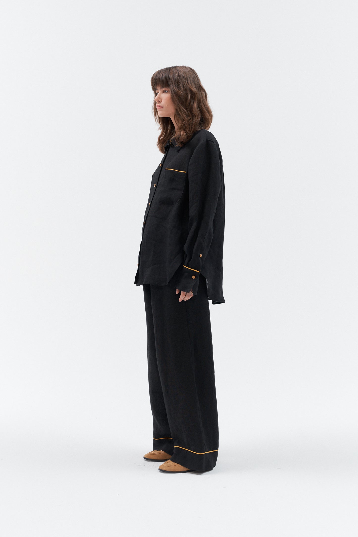 Grand Duchess black linen shirt with yellow stipes; oversize black linen shirt for women; women's black 100% linen shirt; long sleeved linen shirt