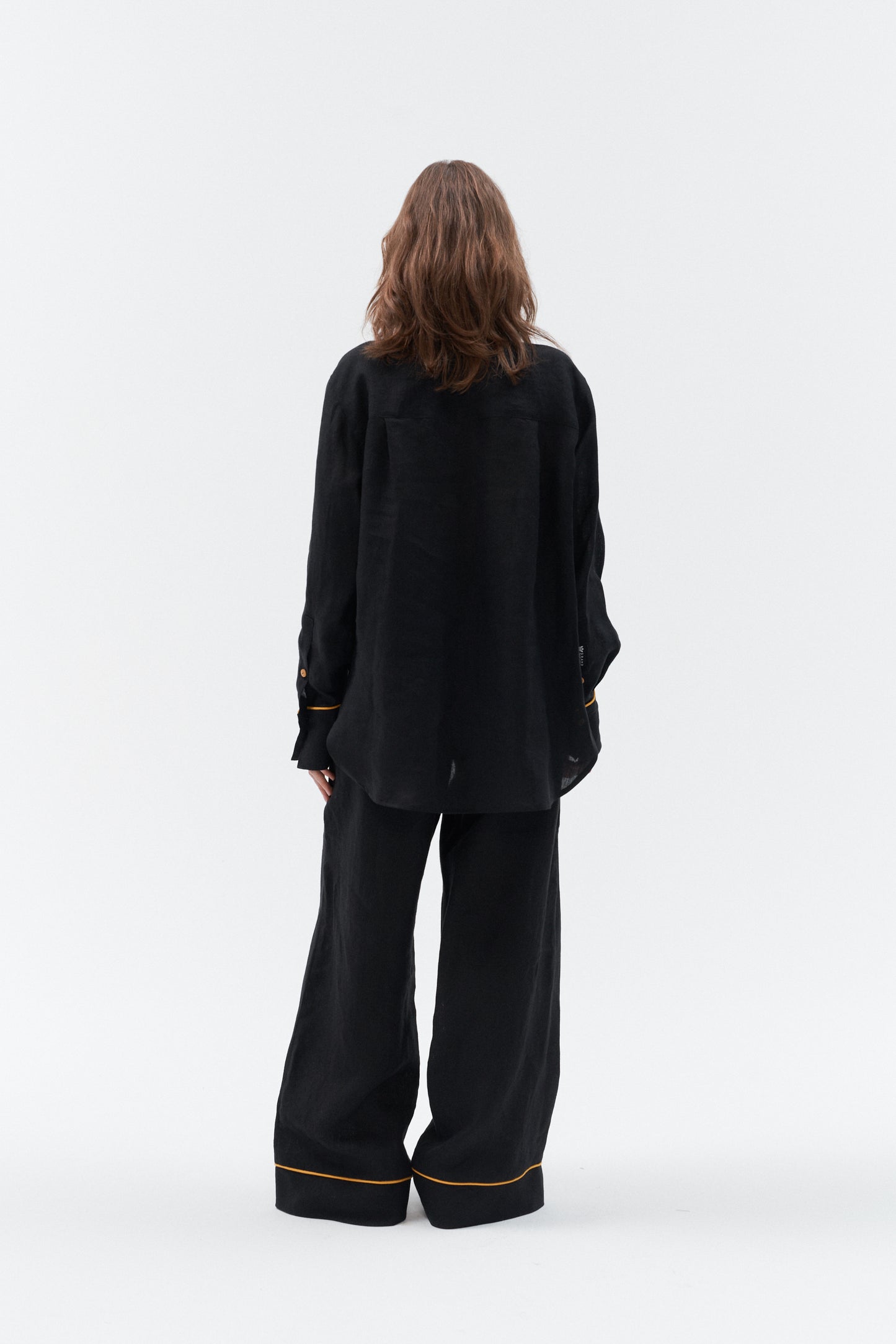 Grand Duchess black linen shirt with yellow stipes; oversize black linen shirt for women; women's black 100% linen shirt; long sleeved linen shirt
