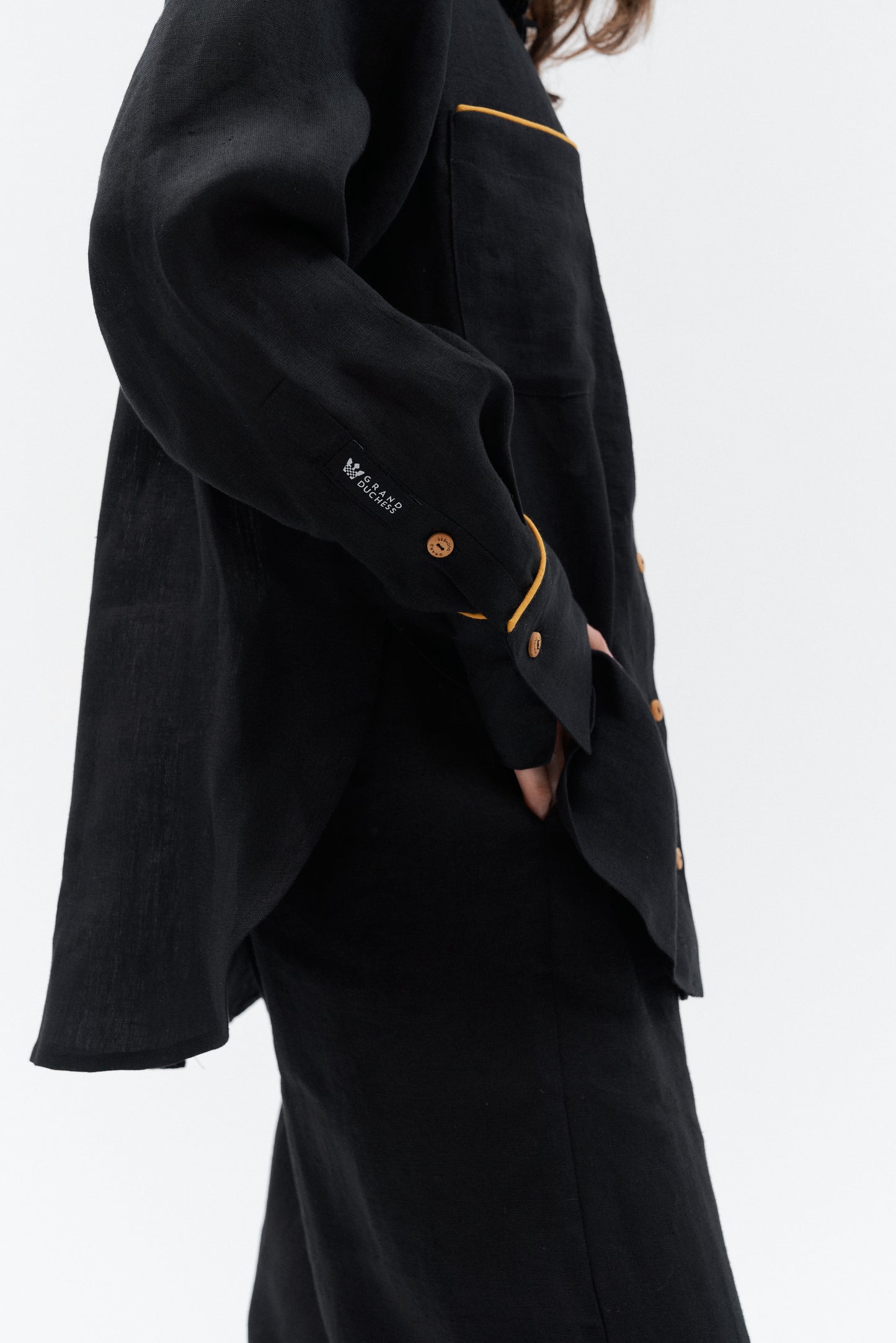 Grand Duchess black linen shirt with yellow stipes; oversize black linen shirt for women; women's black 100% linen shirt; long sleeved linen shirt