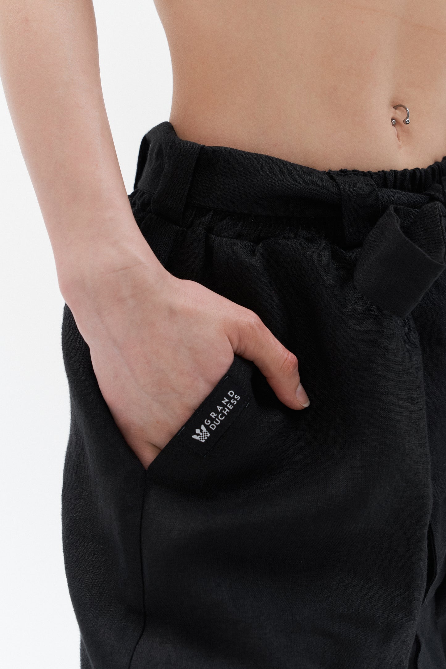 Grand Duchess black linen pants with golden stripe; wide leg linen pants; linen throusers; stylish linen pants; luxury linen pants; exclusive design linen pants for women; long wide linen pants; elegant linen suit women; linen pants with belt and pockets;