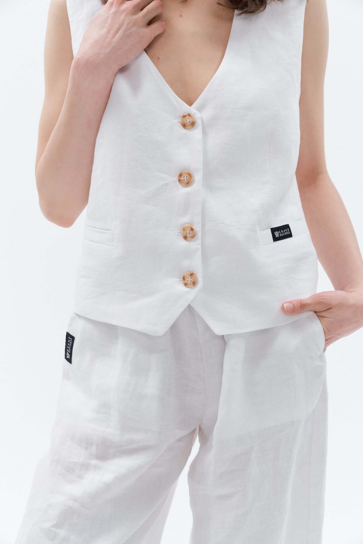 Grand Duchess linen waistcoat vesta white; white linen vest for women; elegant white linen waistcoat for women; balta lininė liemenė moteriška