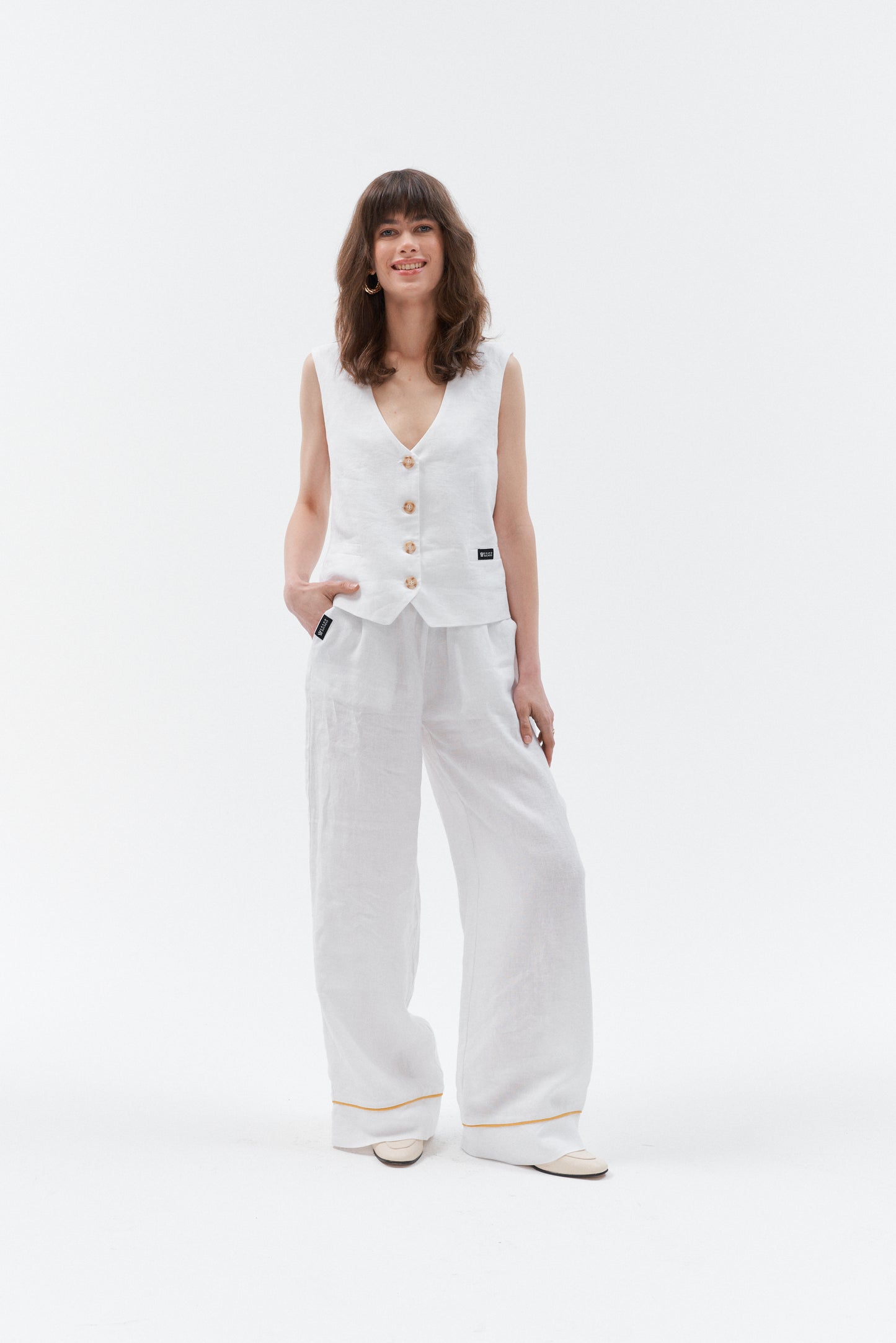 Grand Duchess white linen pants with golden stripe; Grand Duchess linen pants; wide leg linen pants; linen throusers; stylish linen pants women; luxury linen pants; exclusive design linen pants for women; long wide linen pants; elegant linen suit women; linen pants with belt and pockets