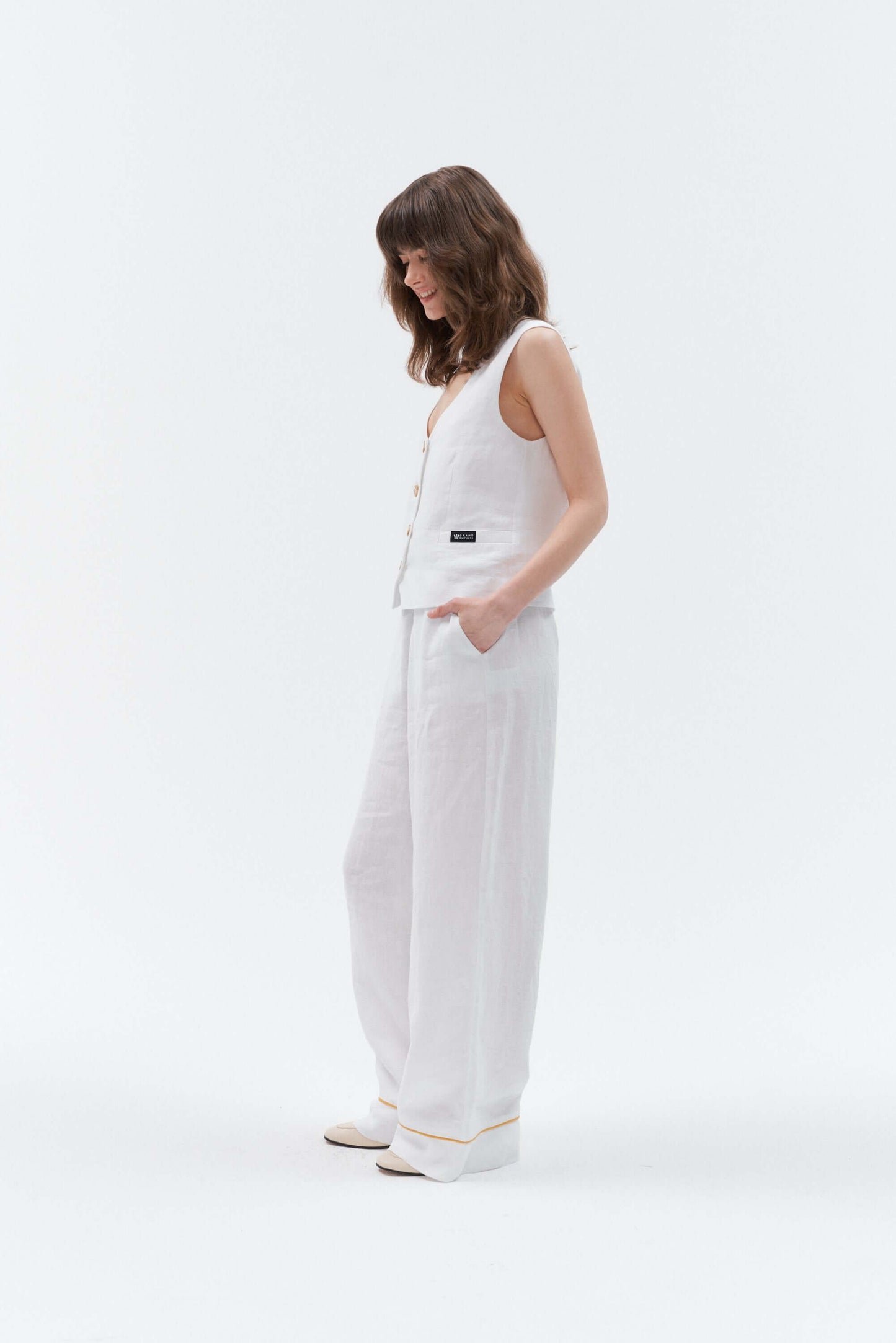 Grand Duchess linen waistcoat vesta white; white linen vest for women; elegant white linen waistcoat for women; balta lininė liemenė moteriška