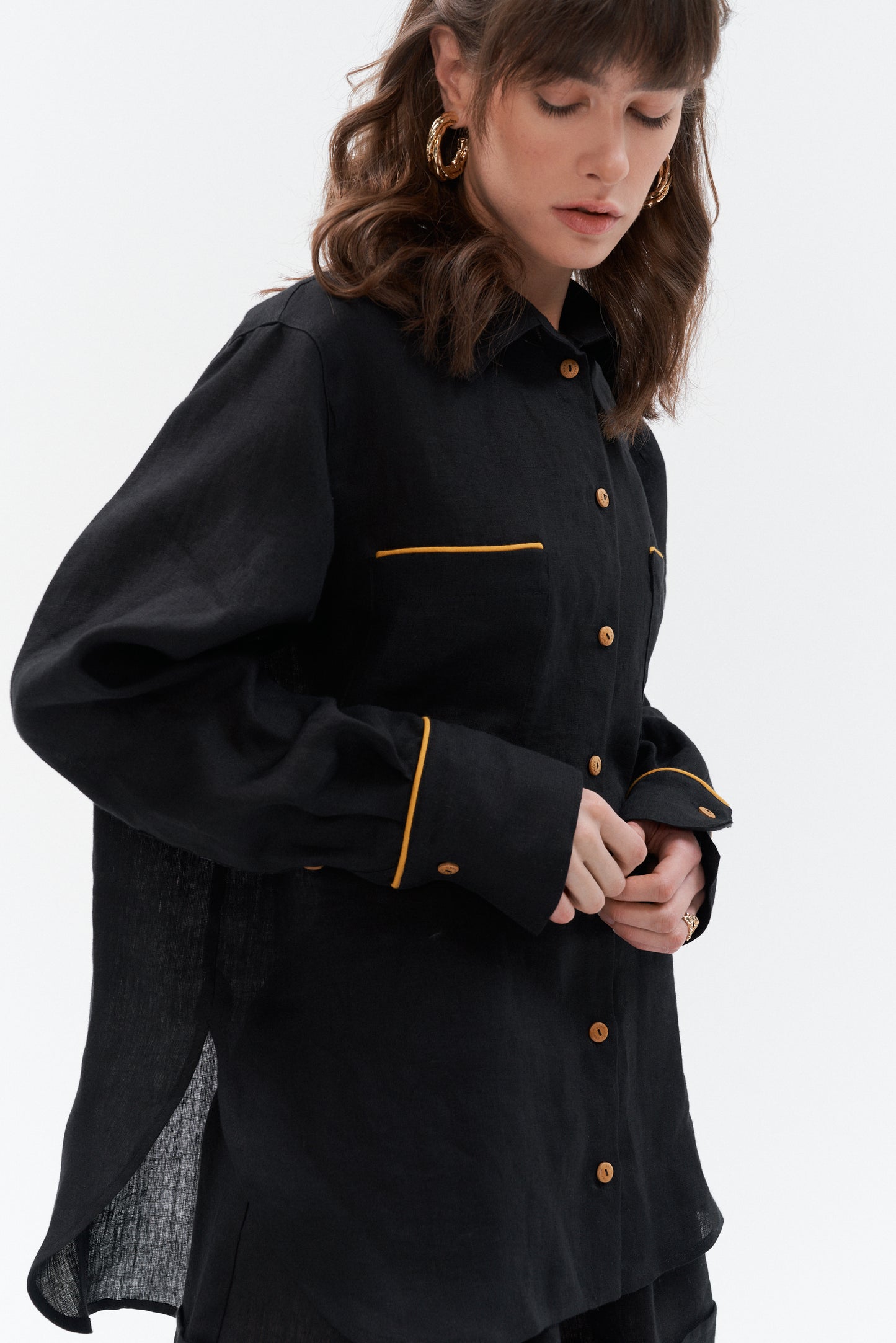 Grand Duchess black linen shirt with yellow stipes; oversize black linen shirt for women; women's black 100% linen shirt; long sleeved linen shirt