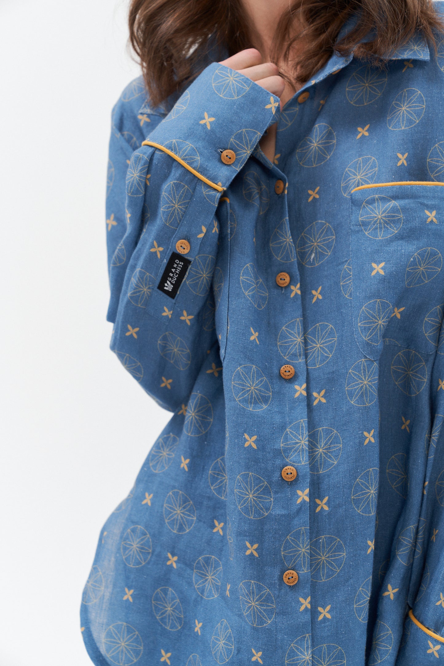 Grand Duchess blue linen shirt with yellow stipes; oversize blue with stars linen shirt for women; women's blue 100% linen shirt; exclusive print long sleeved linen shirt; unique pattern linen shirt for women