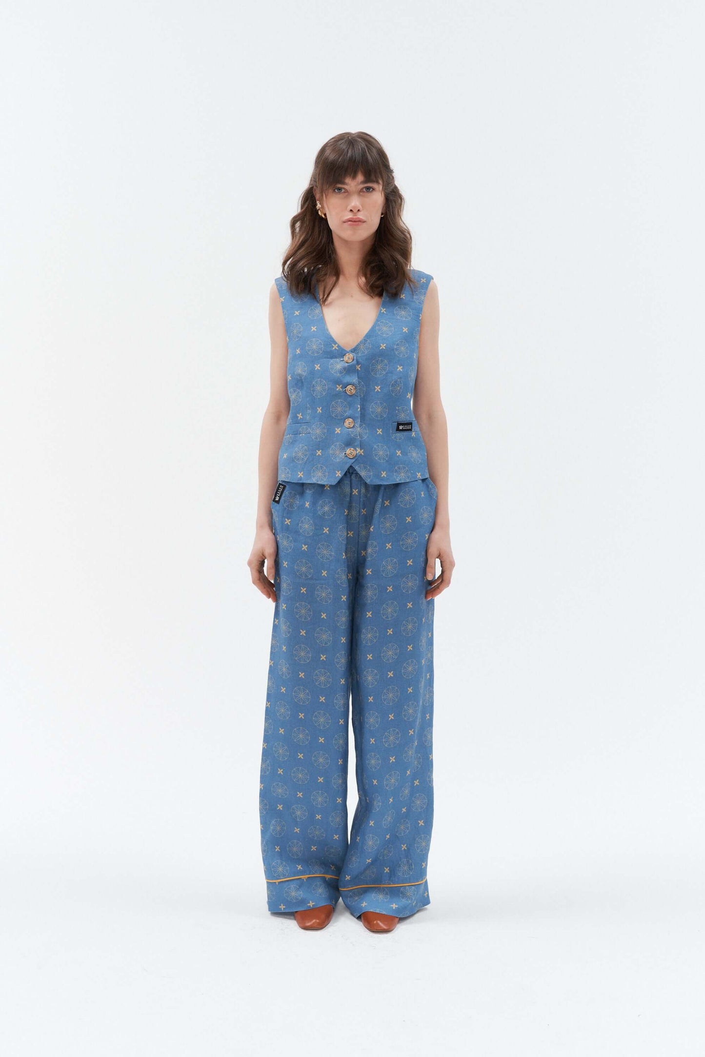 Grand Duchess linen waistcoat vesta blue; linen vest for women; elegant unique print linen waistcoat for women; fashionable linen waistcoat star print; lininė liemenė moteriška