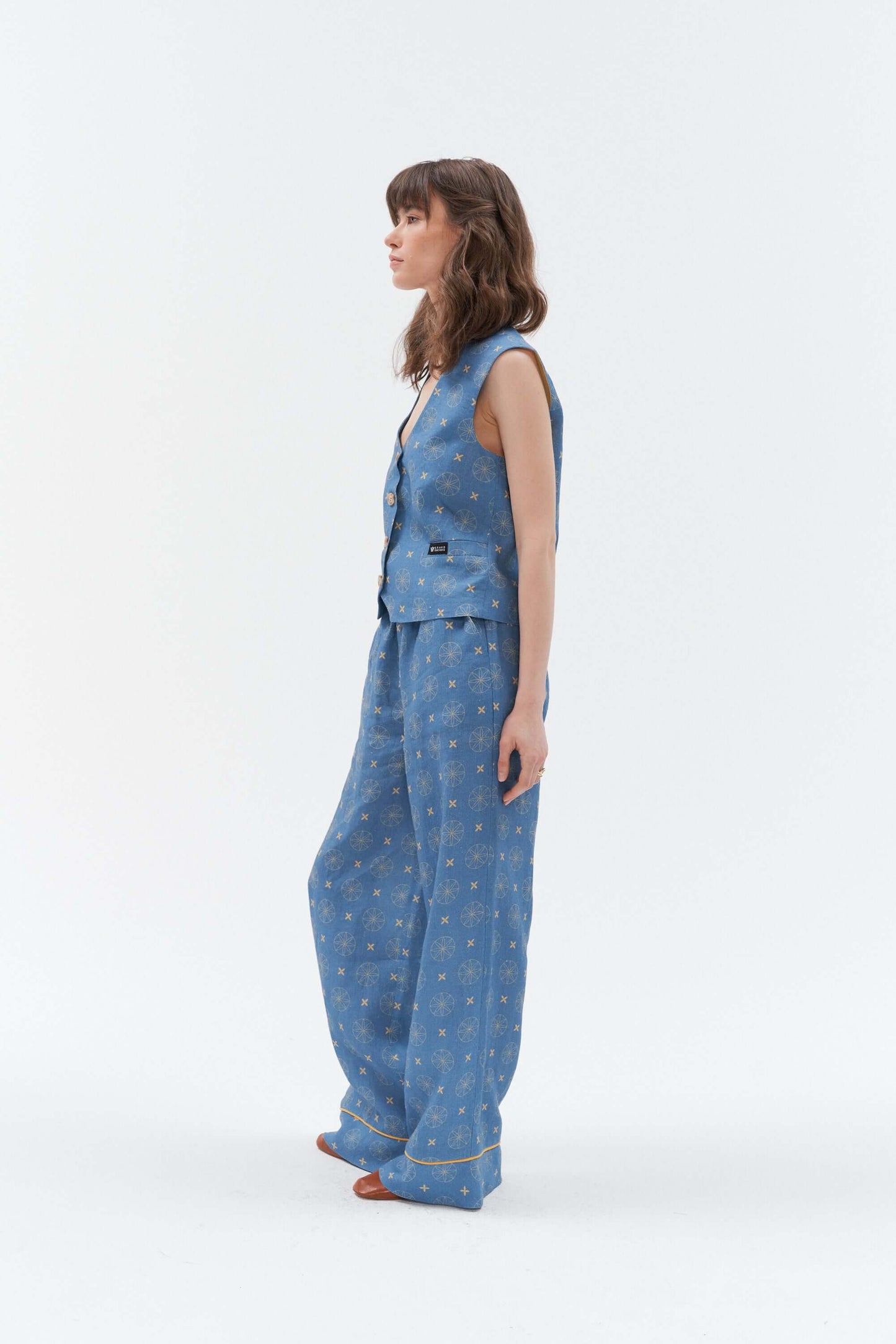 Grand Duchess linen waistcoat vesta blue; linen vest for women; elegant unique print linen waistcoat for women; fashionable linen waistcoat star print; lininė liemenė moteriška