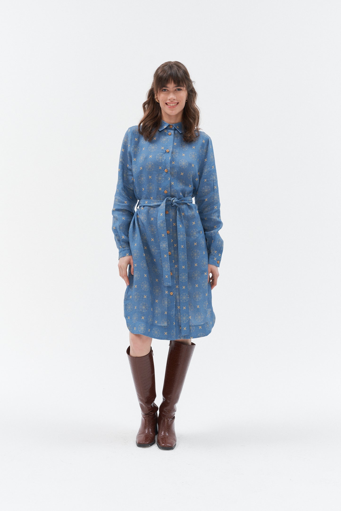 Grand Ducheess - long sleeve linen dress Rock star; unique pattern midi linen dress; blue and midi linen dress; 100% linen dress; exclusive midi dress; Women citywear linen dress; Summer Linen Dress with pockets and strap