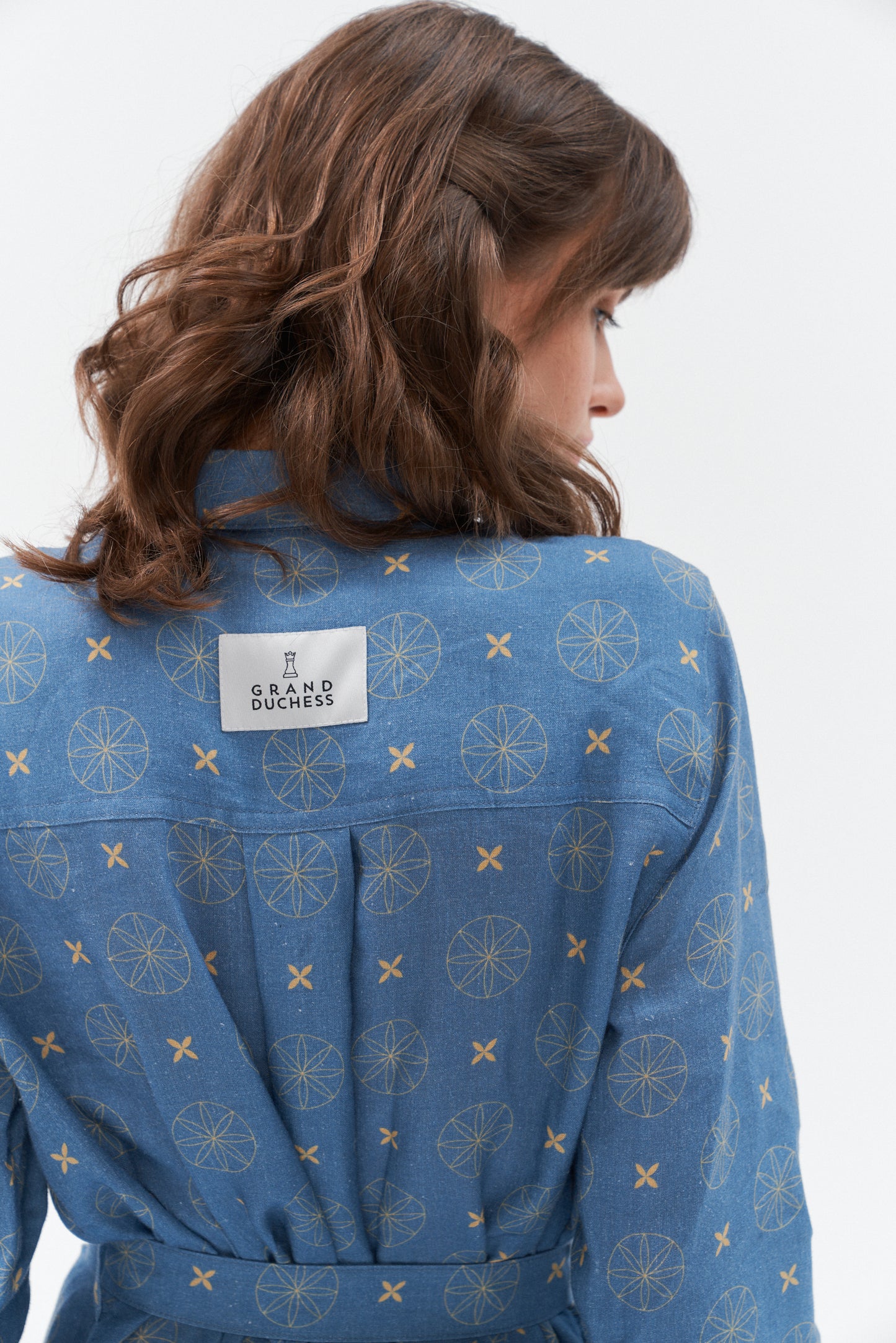 Grand Ducheess - long sleeve linen dress Rock star; unique pattern midi linen dress; blue and midi linen dress; 100% linen dress; exclusive midi dress; Women citywear linen dress; Summer Linen Dress with pockets and strap