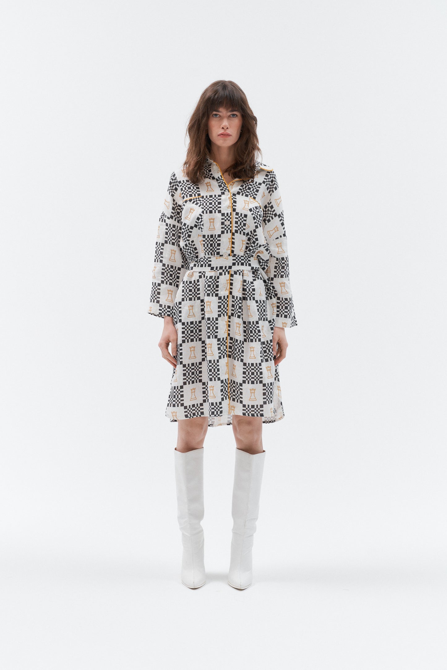 Grand Duchess oversize linen dress iconic; black and white linen dress; midi linen dress; unique pattern 100% linen dress; midi linen dress women; elegant linen dress with sleeves women