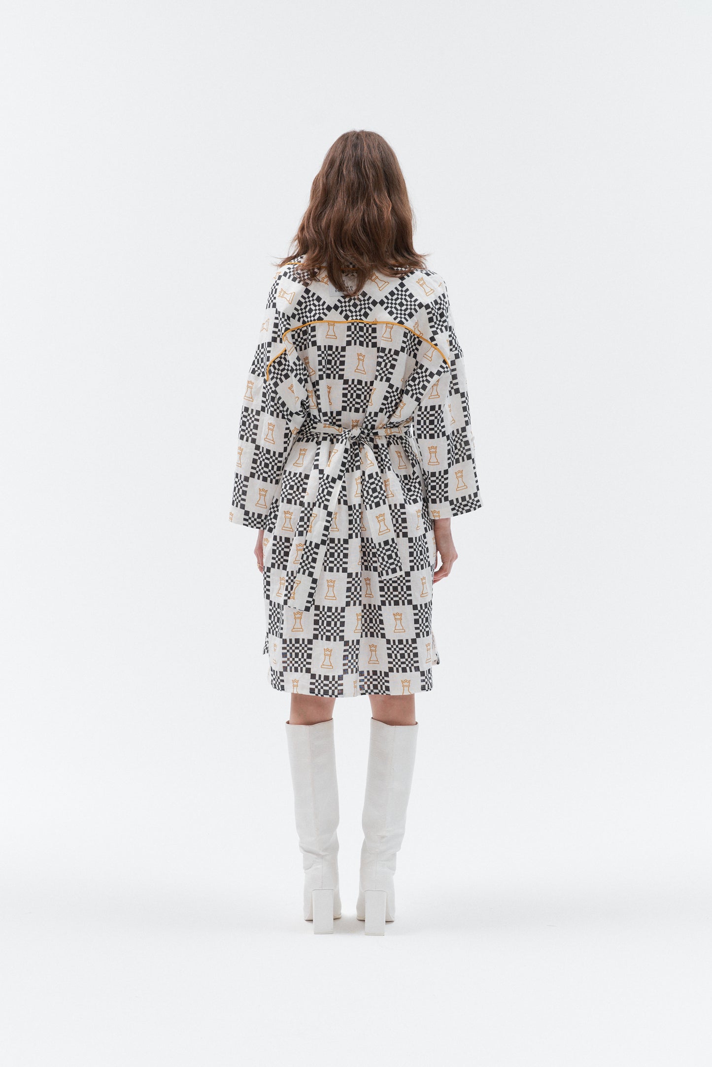 Grand Duchess oversize linen dress iconic; black and white linen dress; midi linen dress; unique pattern 100% linen dress; midi linen dress women; elegant linen dress with sleeves women; lininė suknelė moterims; midi ilgio lininė suknelė moterims; išskirtinio dizaino lininė suknelė; chess print linen dress
