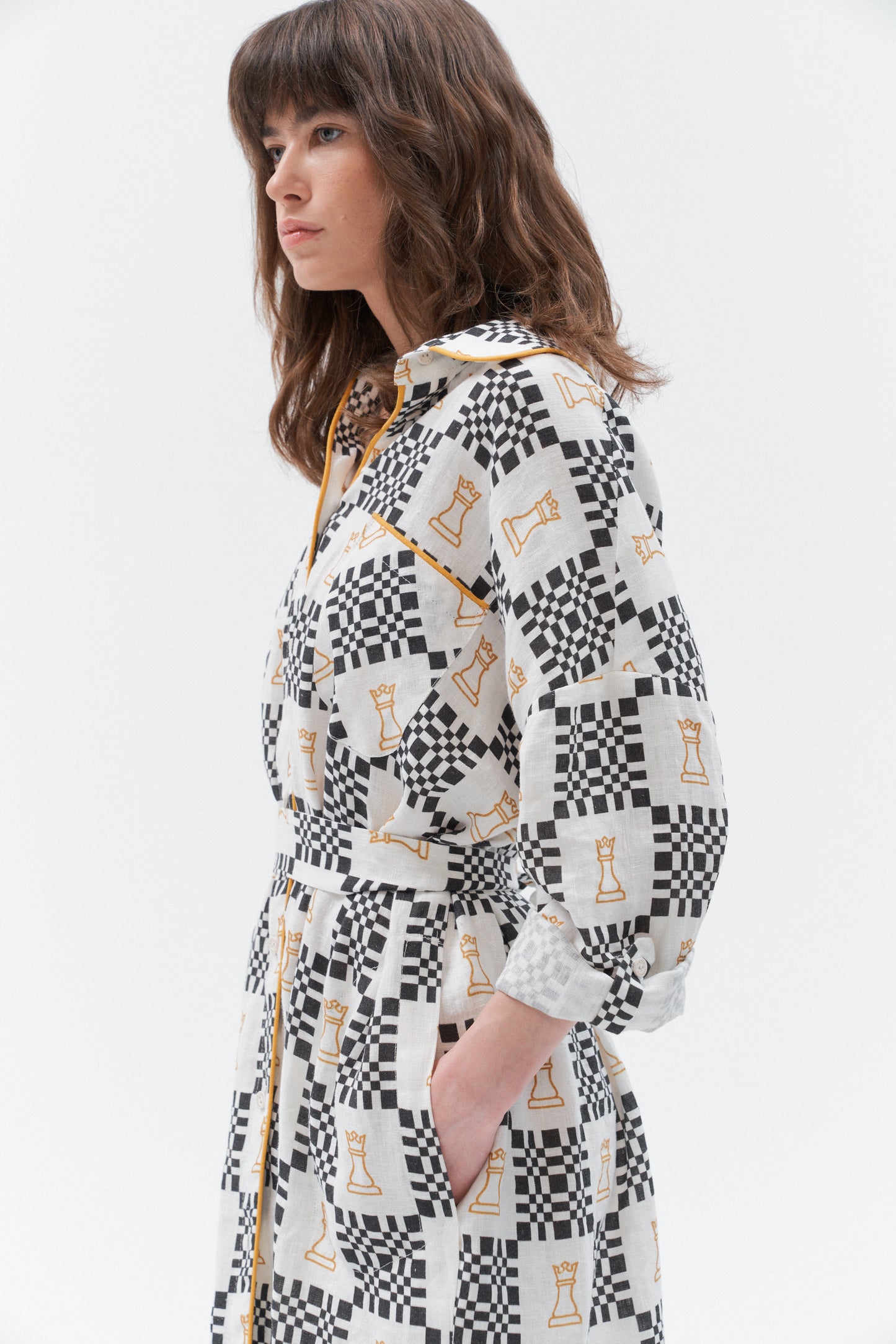 Grand Duchess oversize linen dress iconic; black and white linen dress; midi linen dress; unique pattern 100% linen dress; midi linen dress women; elegant linen dress with sleeves women; lininė suknelė moterims; midi ilgio lininė suknelė moterims; išskirtinio dizaino lininė suknelė; chess print linen dress