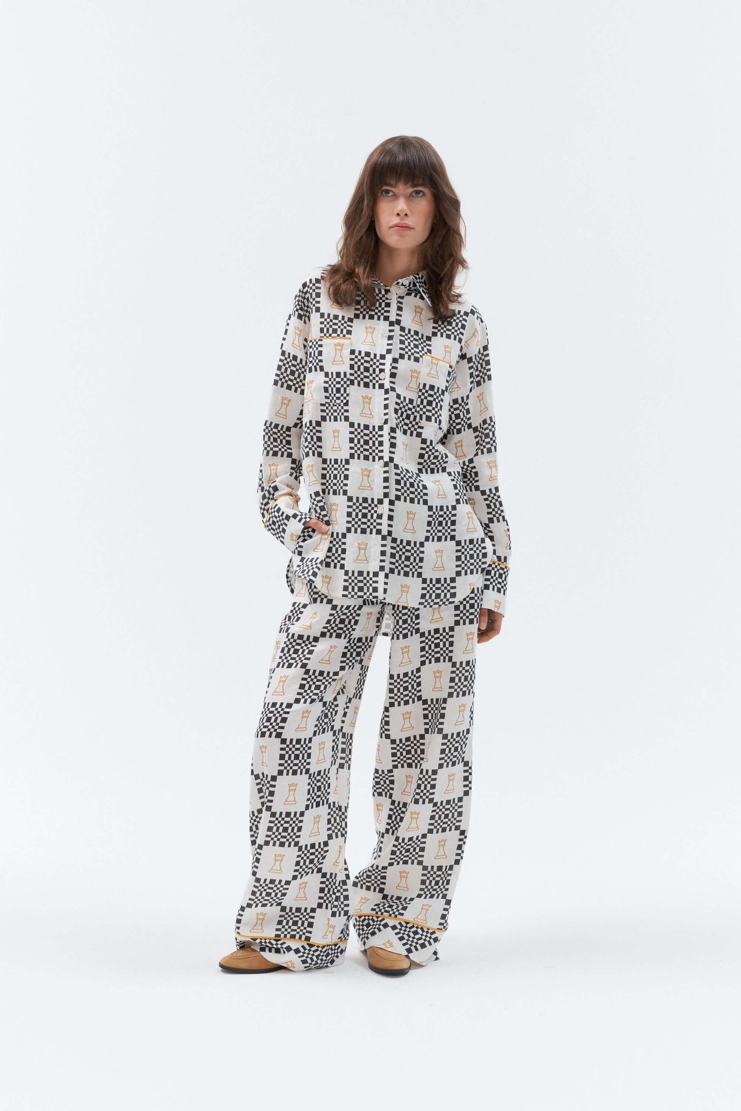 Grand Duchess black and white linen shirt; oversize black and white linen shirt; long sleeved linen shirt women's; chess print elegant linen shirt; iconic linen shirt with sustainable buttons