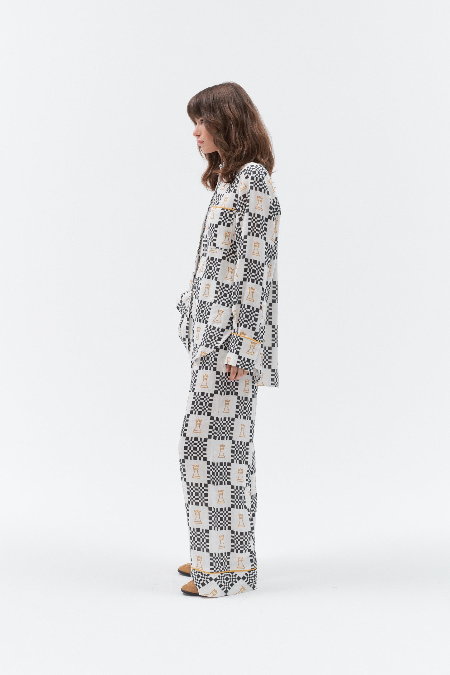Grand Duchess black and white linen shirt; oversize black and white linen shirt; long sleeved linen shirt women's; chess print elegant linen shirt; iconic linen shirt with sustainable buttons