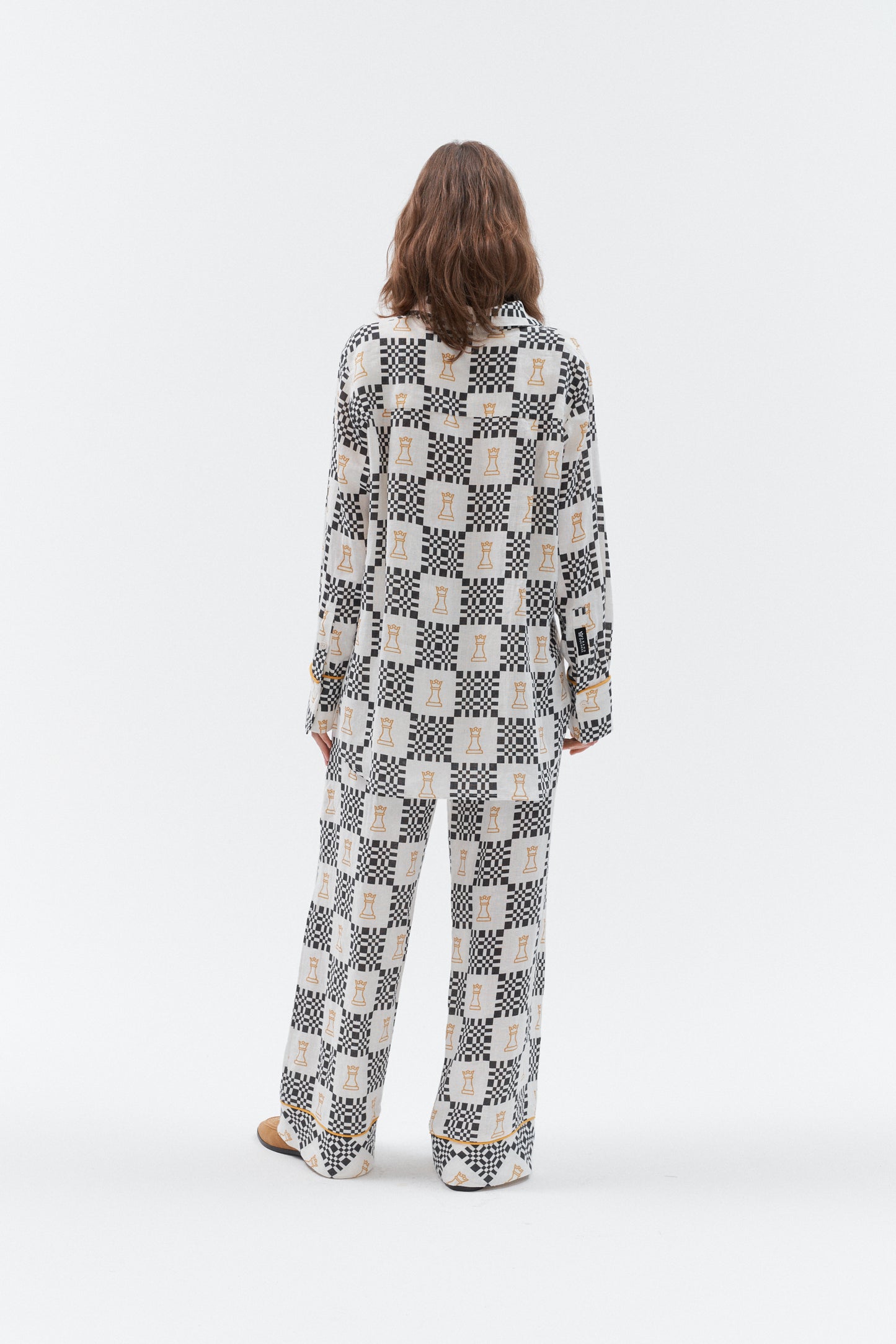 Grand Duchess black and white linen shirt; oversize black and white linen shirt; long sleeved linen shirt women's; chess print elegant linen shirt; iconic linen shirt with sustainable buttons