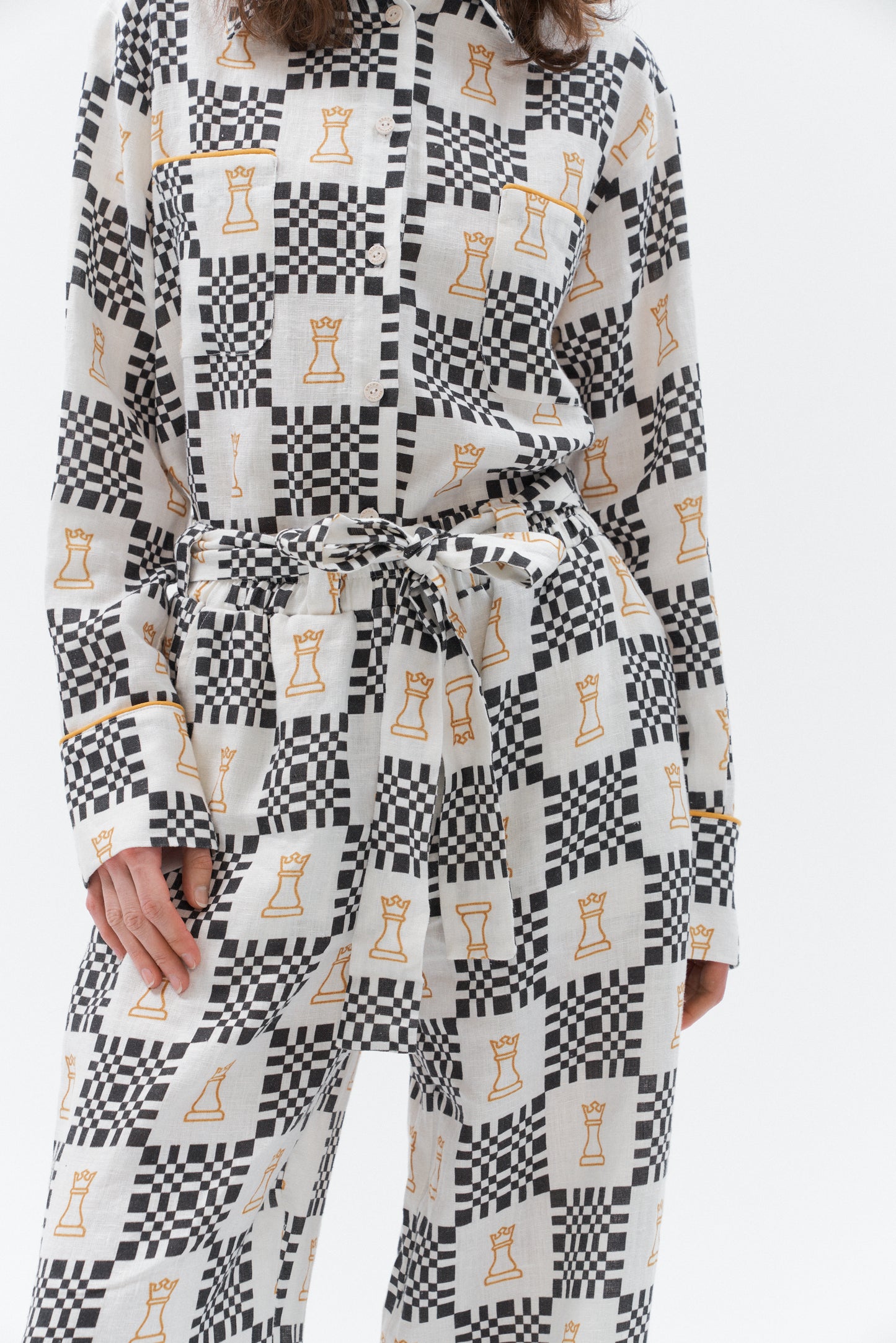 Grand Duchess black and white linen shirt; oversize black and white linen shirt; long sleeved linen shirt women's; chess print elegant linen shirt; iconic linen shirt with sustainable buttons
