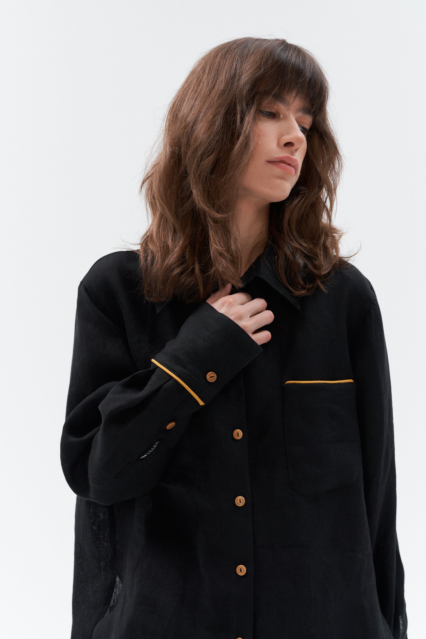 Grand Duchess black linen shirt with yellow stipes; oversize black linen shirt for women; women's black 100% linen shirt; long sleeved linen shirt