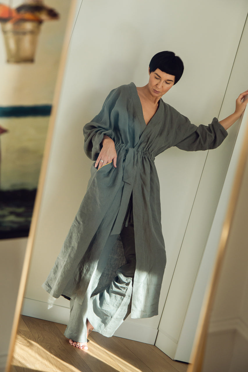 Grey women's long linen robe Lumina.