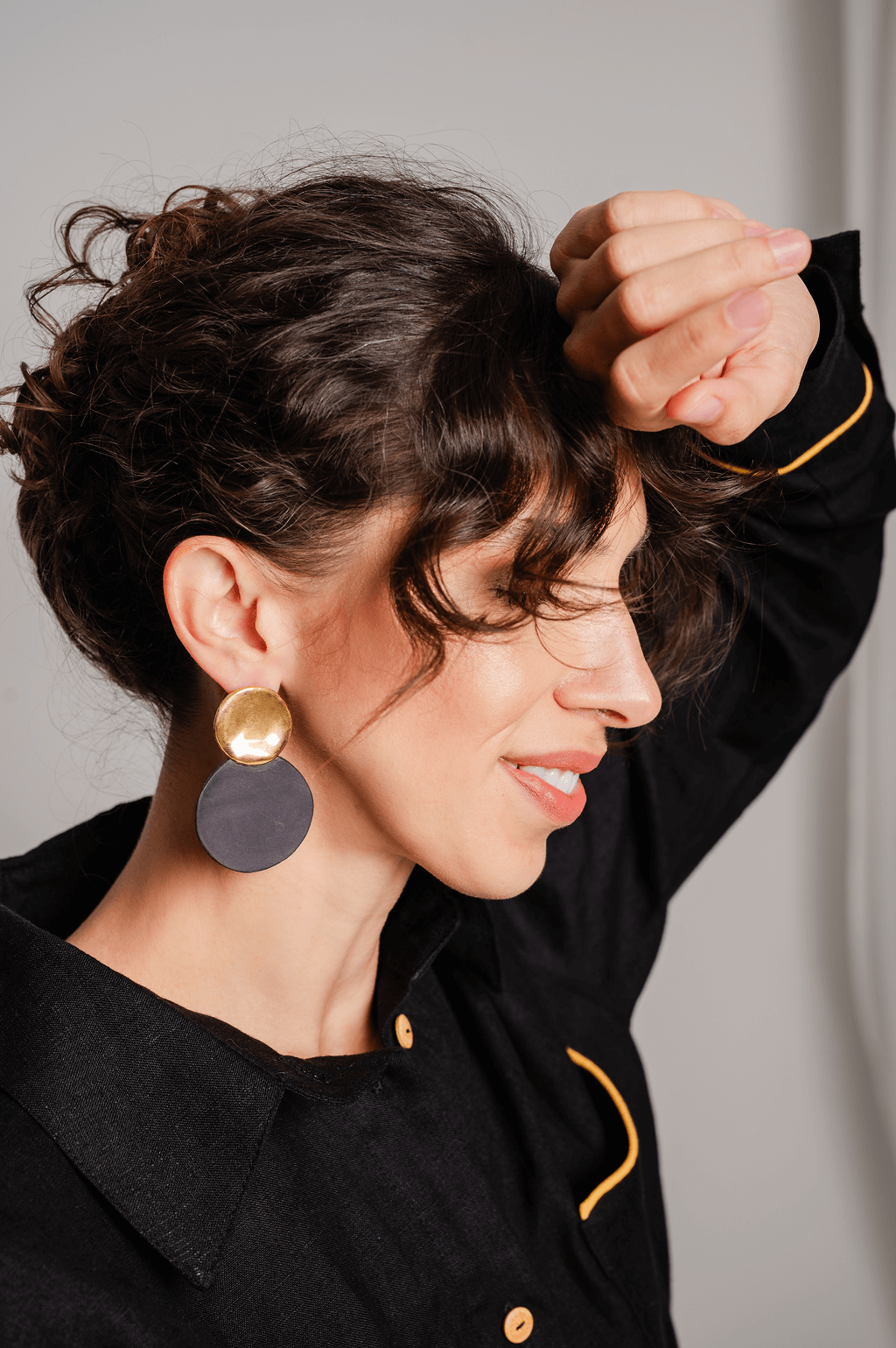 Grand Duchess Spark Flair porcelain earrings, black and gold plated porcelain; handmade porcelain earrings; big and lightweight earrings; big circle earrings