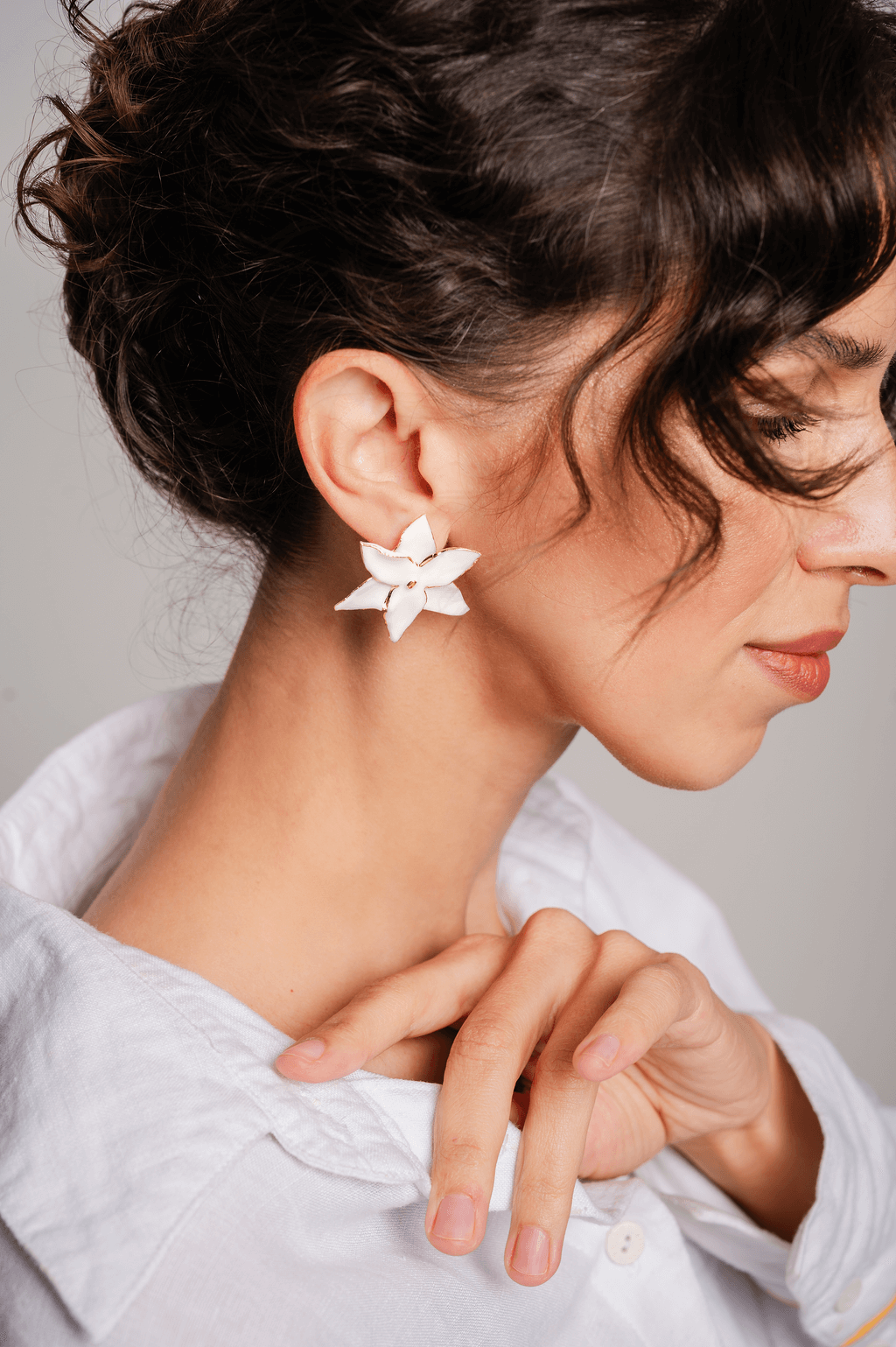 Grand Duchess Spark Flair porcelain earrings bloom; lightweight earrings sensitive ears; handmade flower earrings; white gold detailed porcelian earrings
