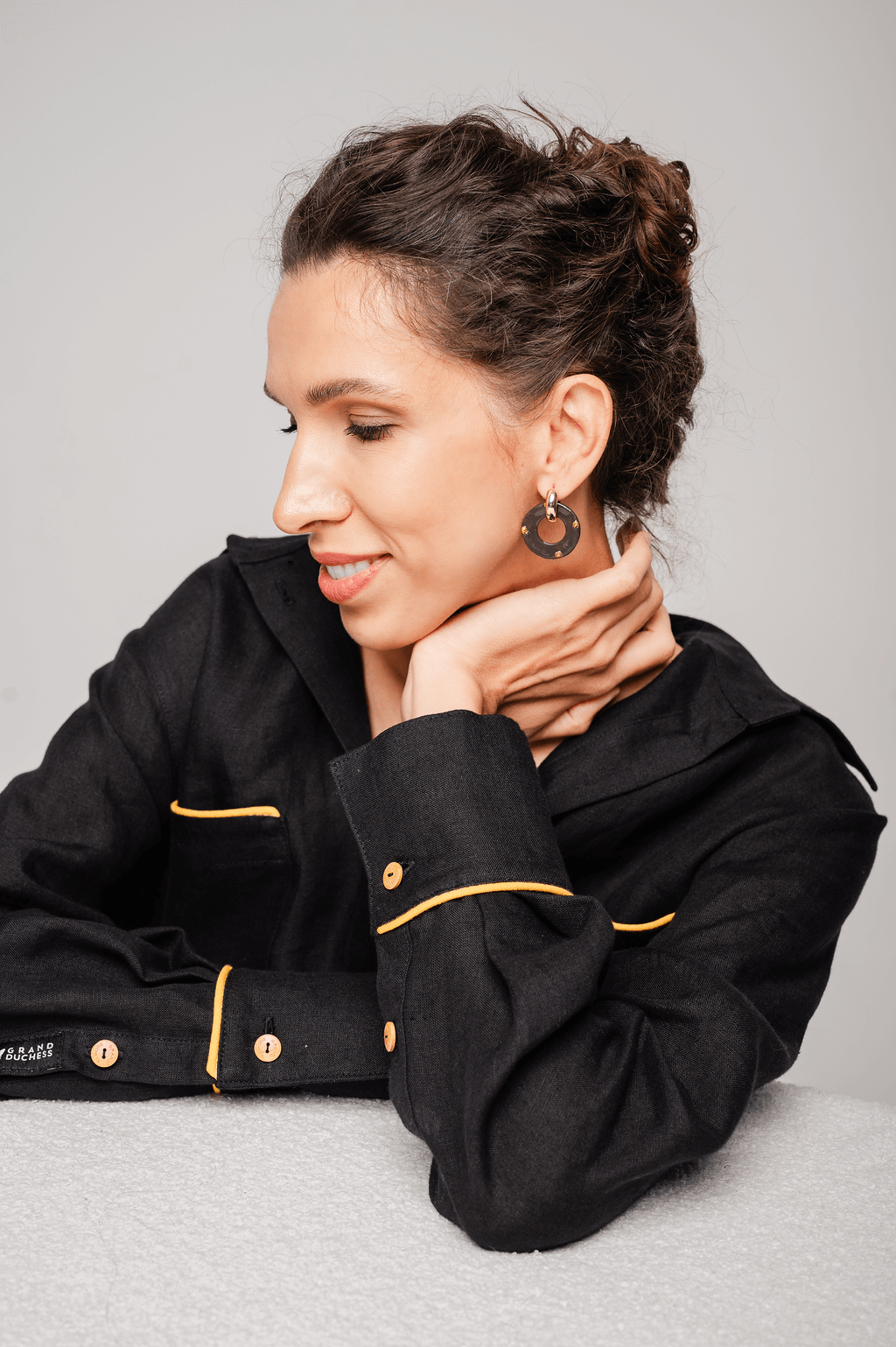 Grand Duchess Spark Flair Hoop-shaped porcelain earrings; gold-plated stainless steel; luxury jewelry, handmade porcelain earrings