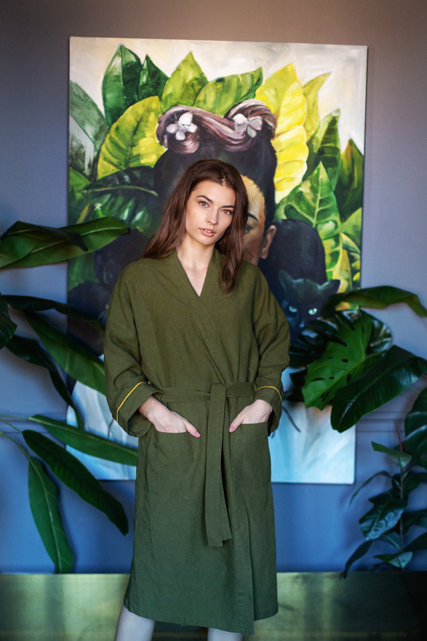 Women's olive linen robe "Inspiring" - Grand Duchess | Softened 100% linen | Inspired by Frida Kahlo