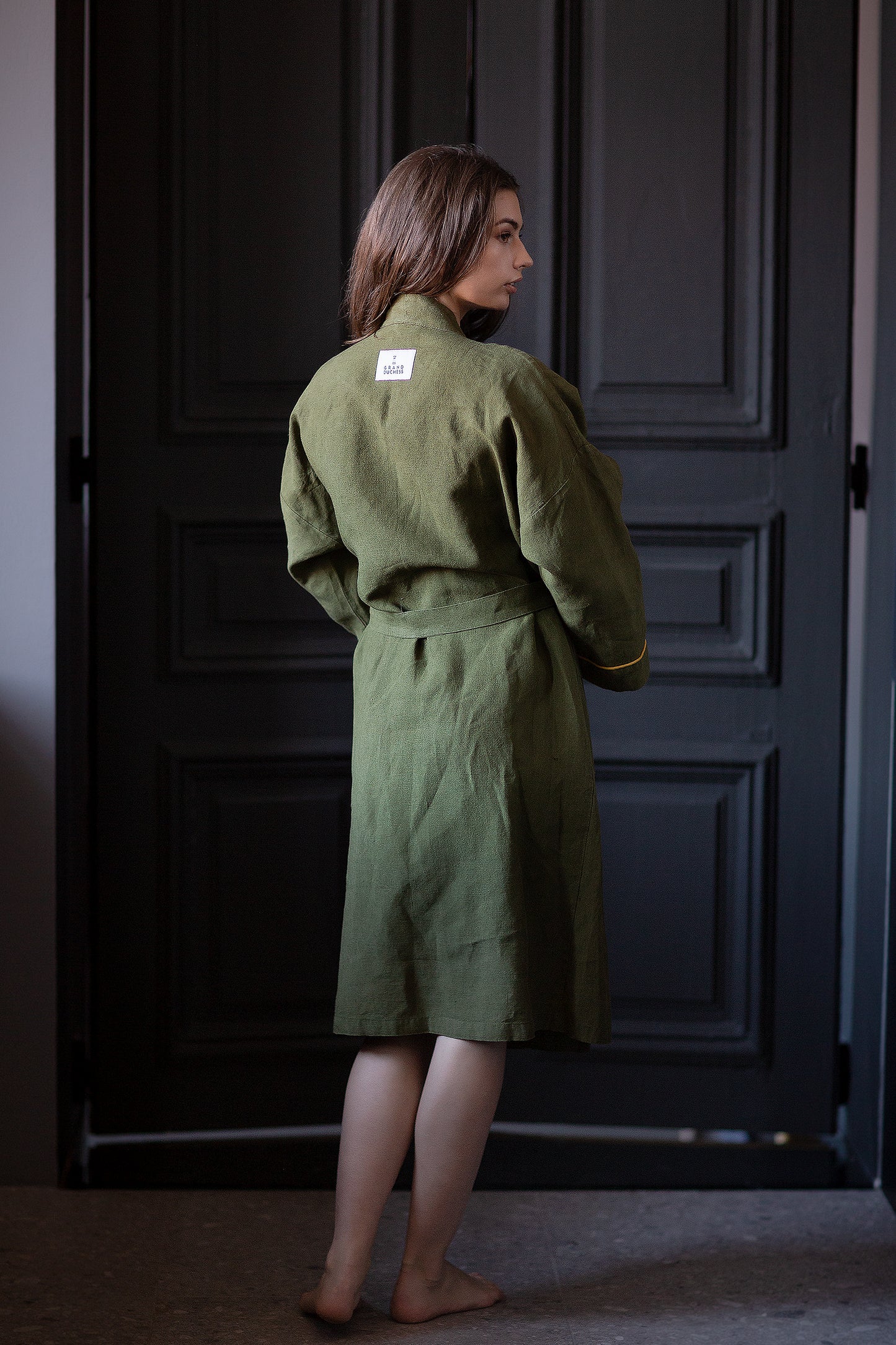Women's olive linen robe "Inspiring" - Grand Duchess | Softened 100% linen | Inspired by Frida Kahlo