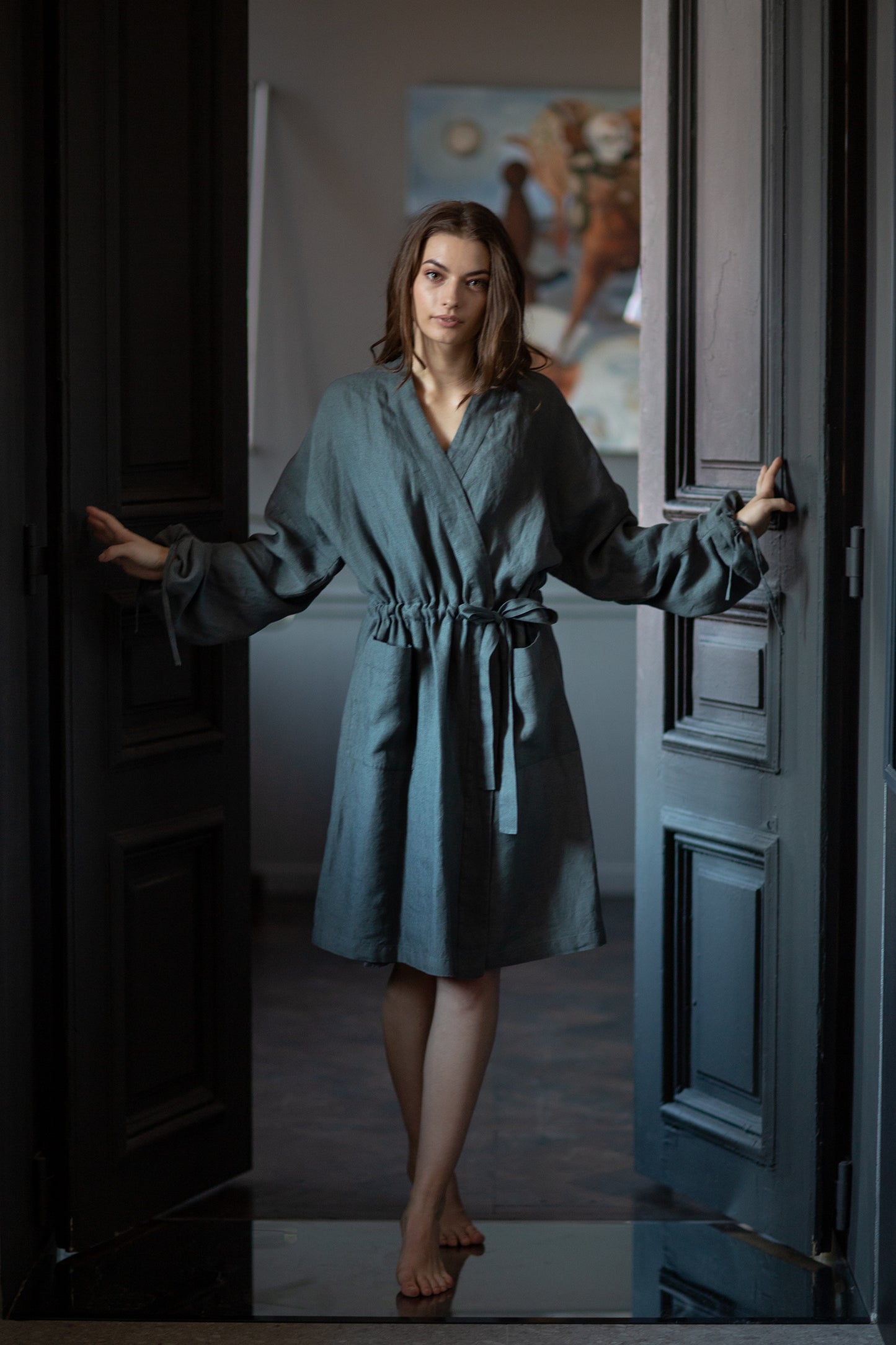 Women's grey linen robe "Inspiring" - Grand Duchess | Softened 100% linen robe