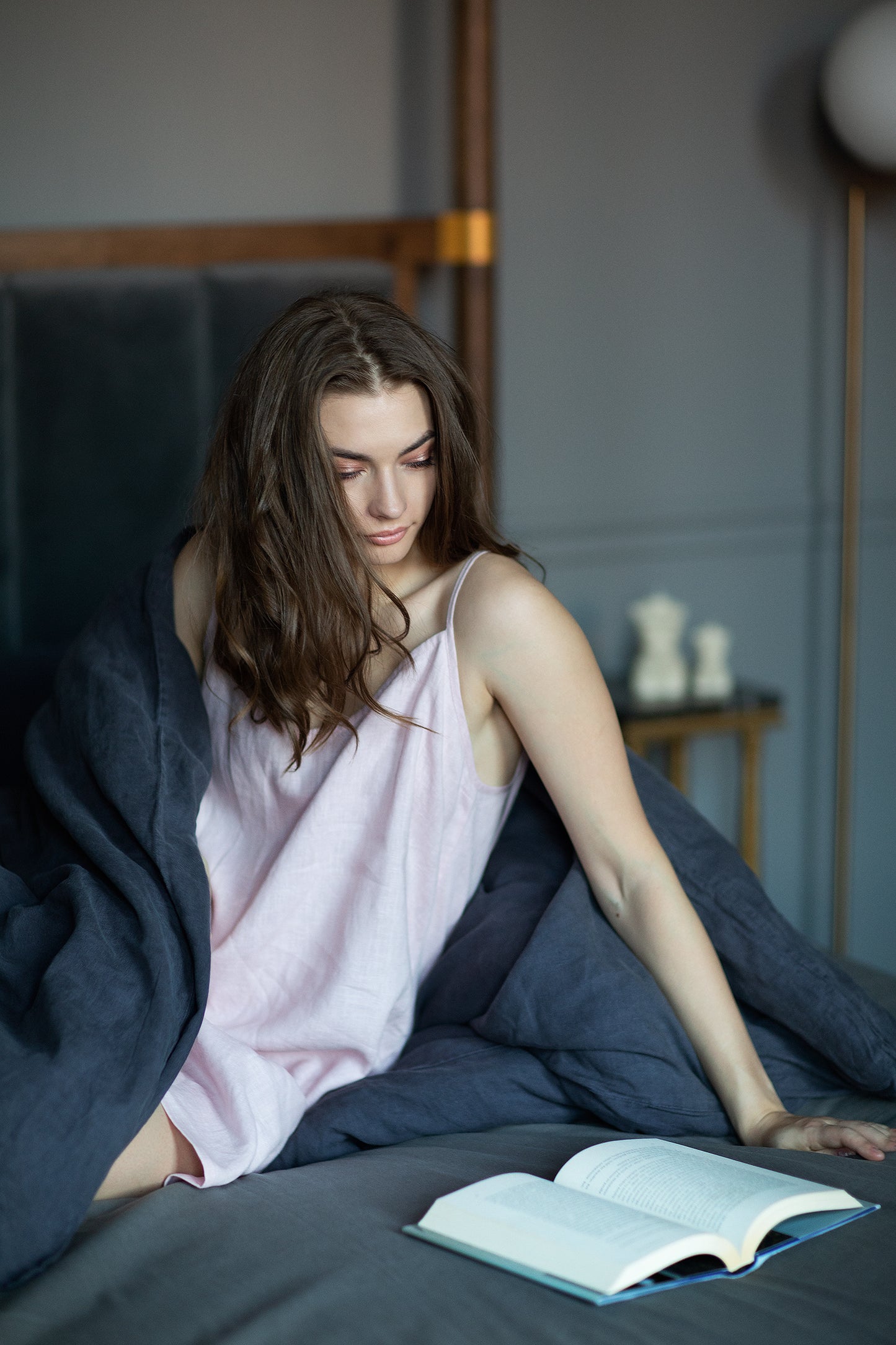 Linen soft sleep dress "Romantic" - Grand Duchess | Softened 100% linen | Romantic look | Fixing shoulder straps | Pink linen sustainable sleep dress