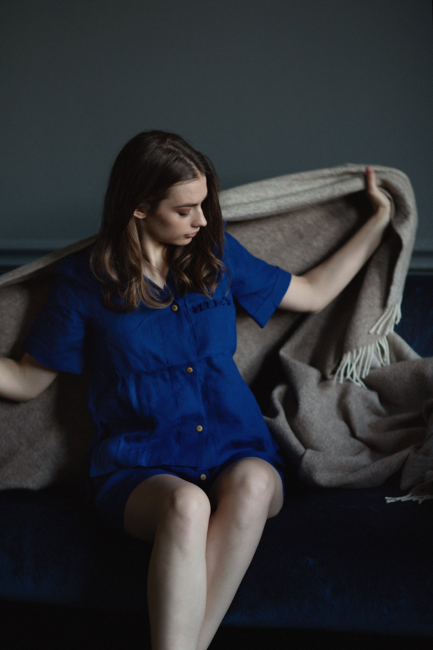 Linen two-piece suit "Sophisticated" - Grand Duchess | Softened 100% linen linen set | Elegant look linen set for women; royal blue linen set; 2 piece linen set women's; Women's royal blue two piece pajama; Luxury pajama set; two piece set with shirt and