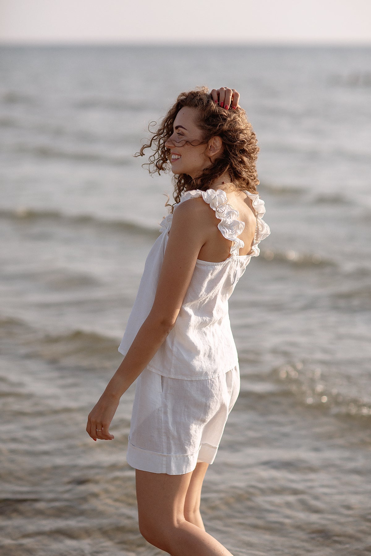 Women's linen two-piece white suit "Adventurer" | Softened 100% linen | Romantic look | Summer linen sustainable set | Linen two piece white beachwear set | TWO PIECE LINEN GREY Set Linen Pajamas Set for Women | Summer linen set | Top with ruffles | Elegant women's ruffle top and shorts