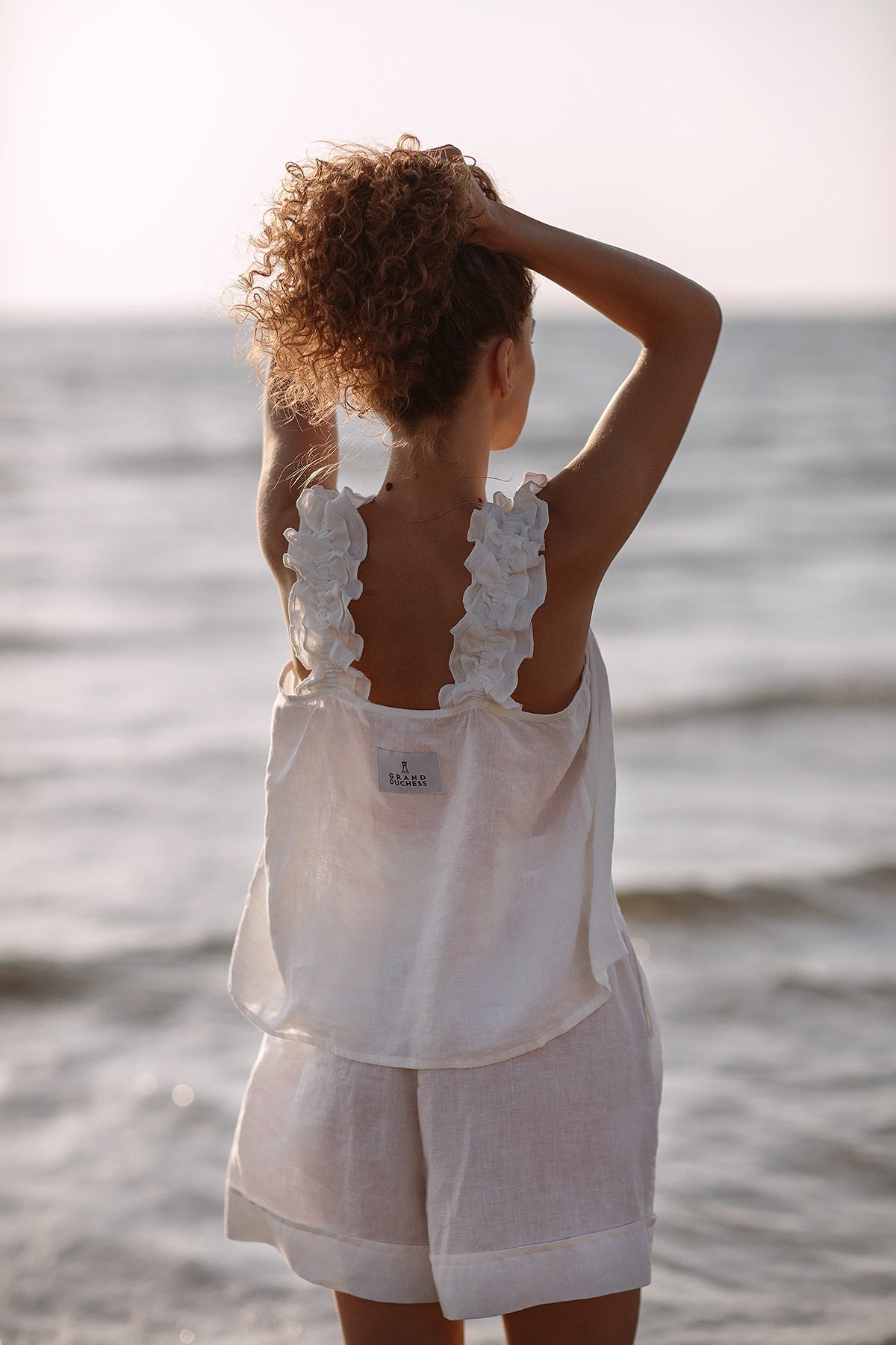 Women's linen two-piece white suit "Adventurer" | Softened 100% linen | Romantic look | Summer linen sustainable set | Linen two piece white beachwear set | TWO PIECE LINEN GREY Set Linen Pajamas Set for Women | Summer linen set | Top with ruffles | Elegant women's ruffle top and shorts