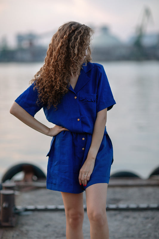 Linen two-piece suit "Sophisticated" - Grand Duchess | Softened 100% linen linen set | Elegant look linen set for women; royal blue linen set; 2 piece linen set women's