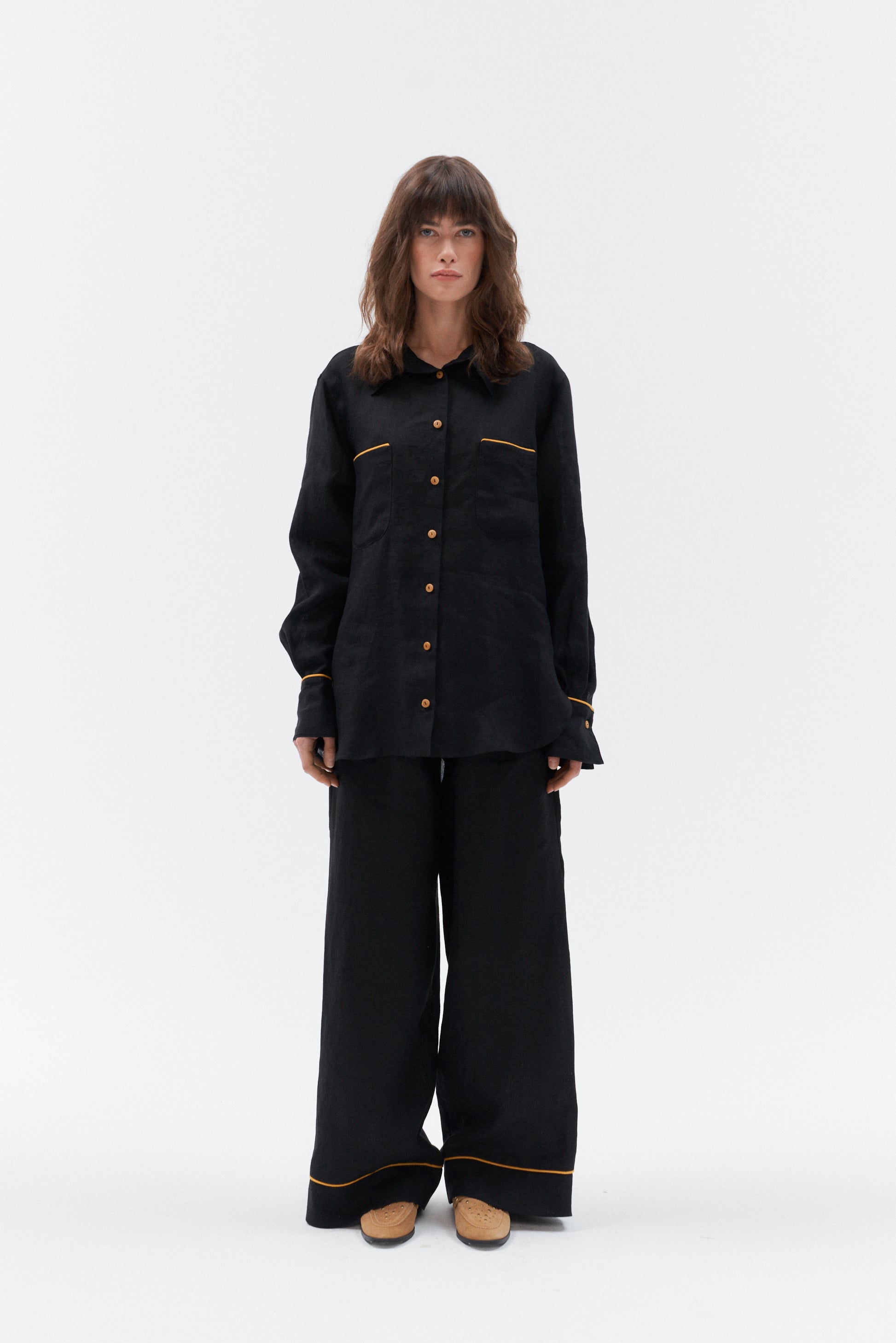 Grand Duchess black linen shirt with yellow stipes; oversize black linen shirt for women; women's black 100% linen shirt; long sleeved linen shirt