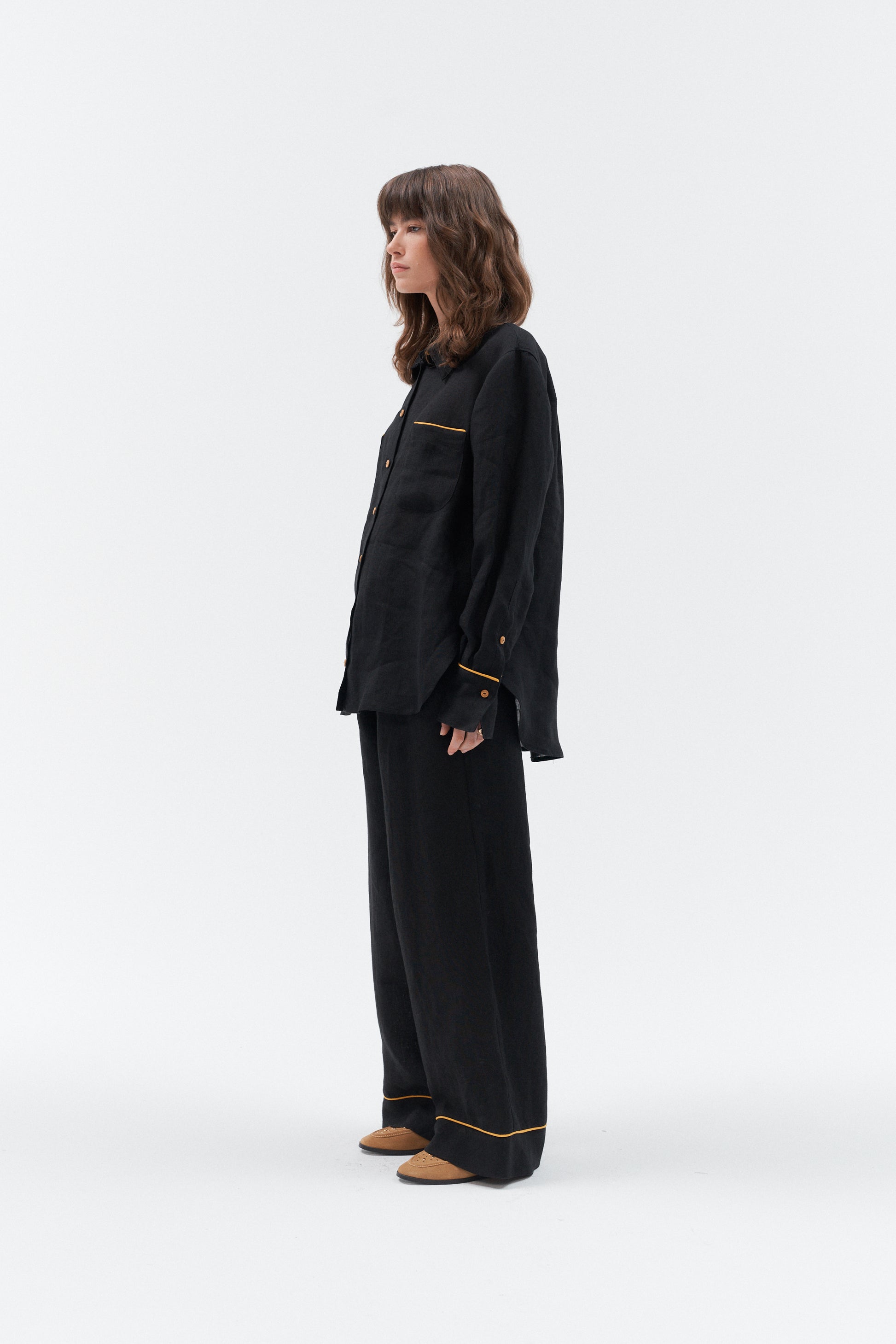 Grand Duchess black linen shirt with yellow stipes; oversize black linen shirt for women; women's black 100% linen shirt; long sleeved linen shirt