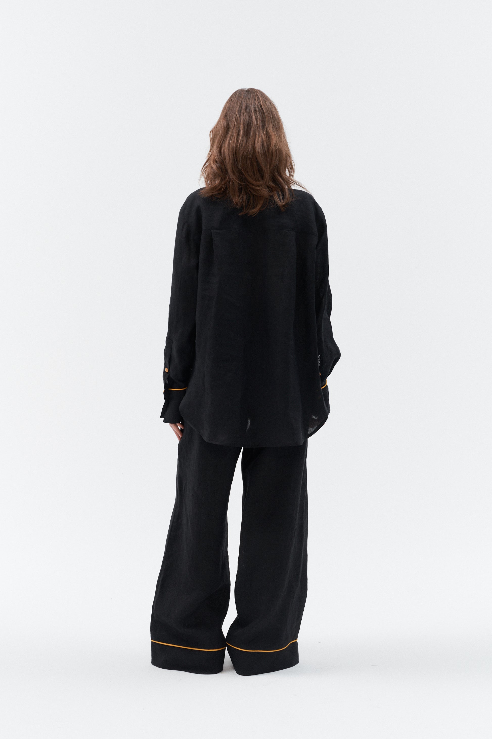 Grand Duchess black linen shirt with yellow stipes; oversize black linen shirt for women; women's black 100% linen shirt; long sleeved linen shirt