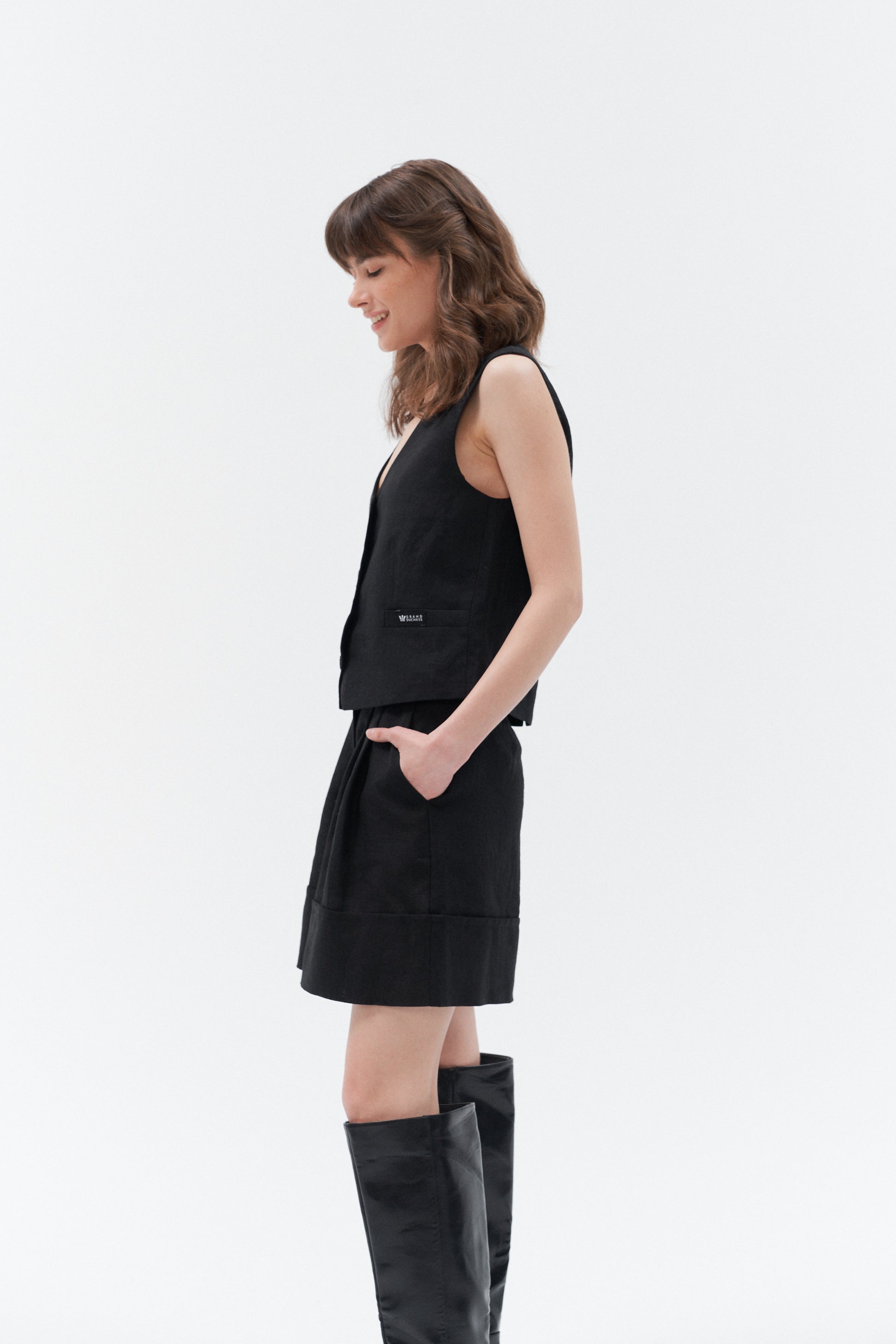 Grand Duchess linen waistcoat vesta black; black linen vest for women; elegant black linen waistcoat for women