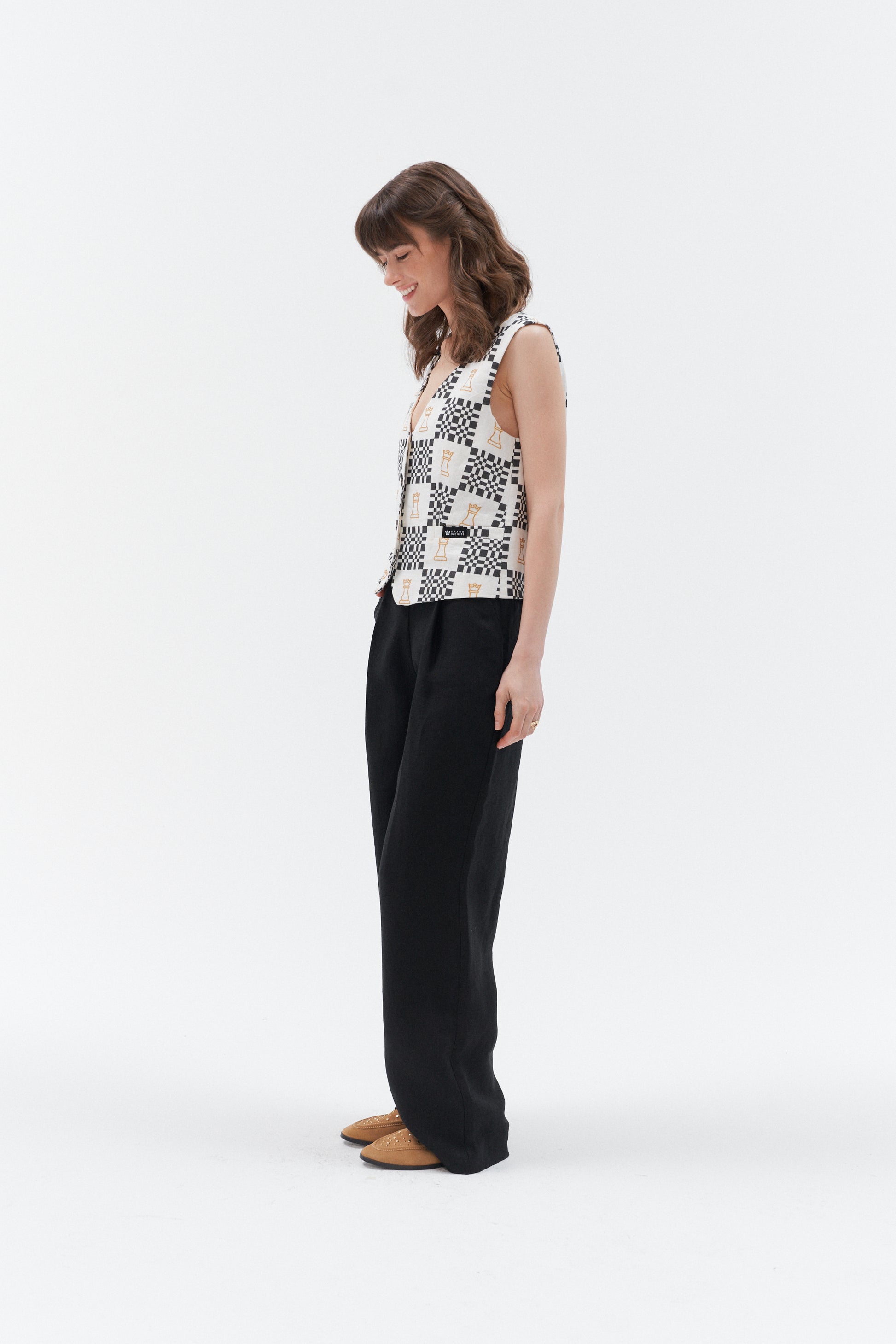 Grand Duchess linen waistcoat vesta black and white; iconic linen vest for women; elegant iconic linen waistcoat for women; fashionable linen waistcoat chess print; lininė liemenė moteriška