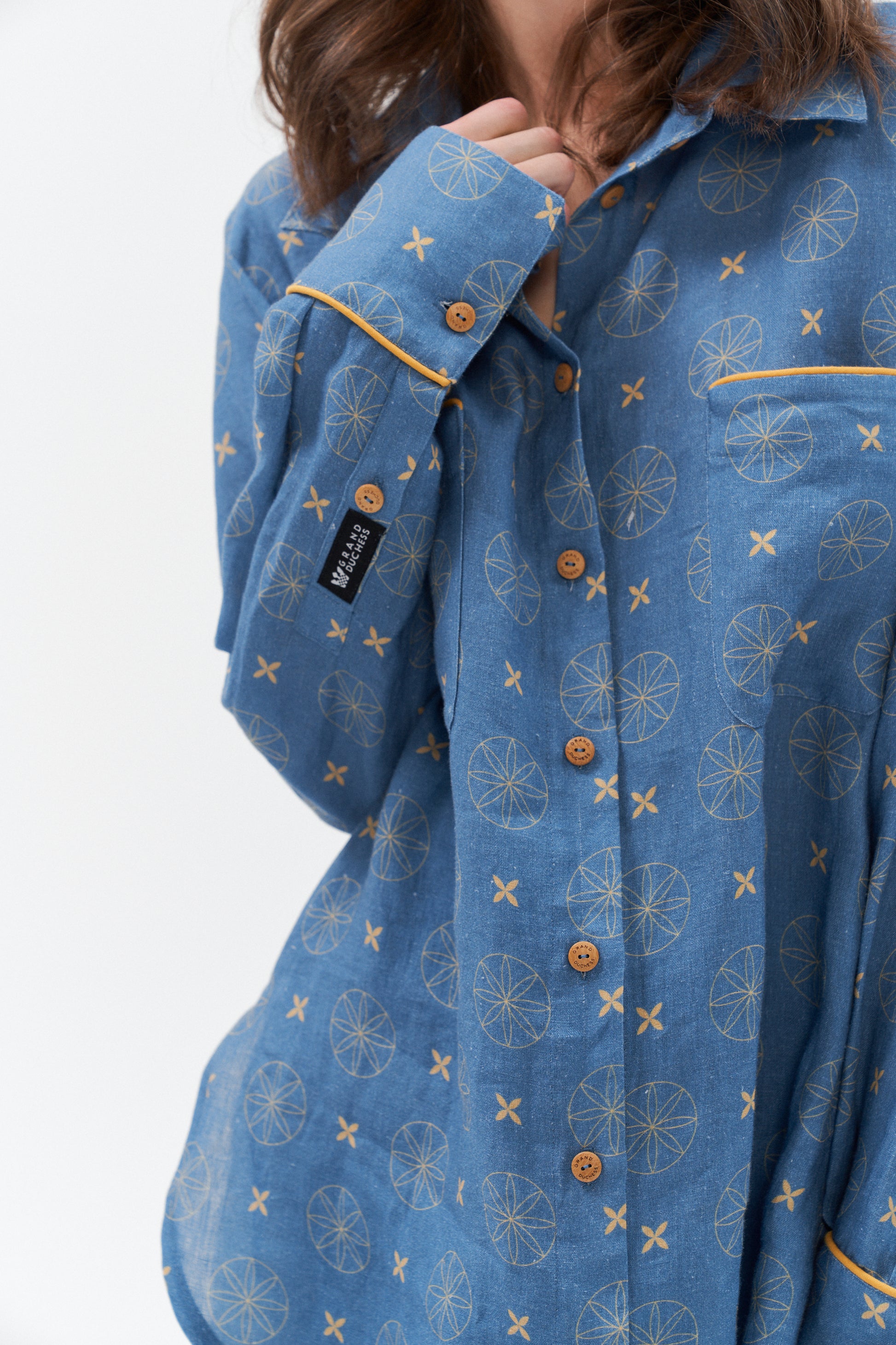 Grand Duchess blue linen shirt with yellow stipes; oversize blue with stars linen shirt for women; women's blue 100% linen shirt; exclusive print long sleeved linen shirt; unique pattern linen shirt for women