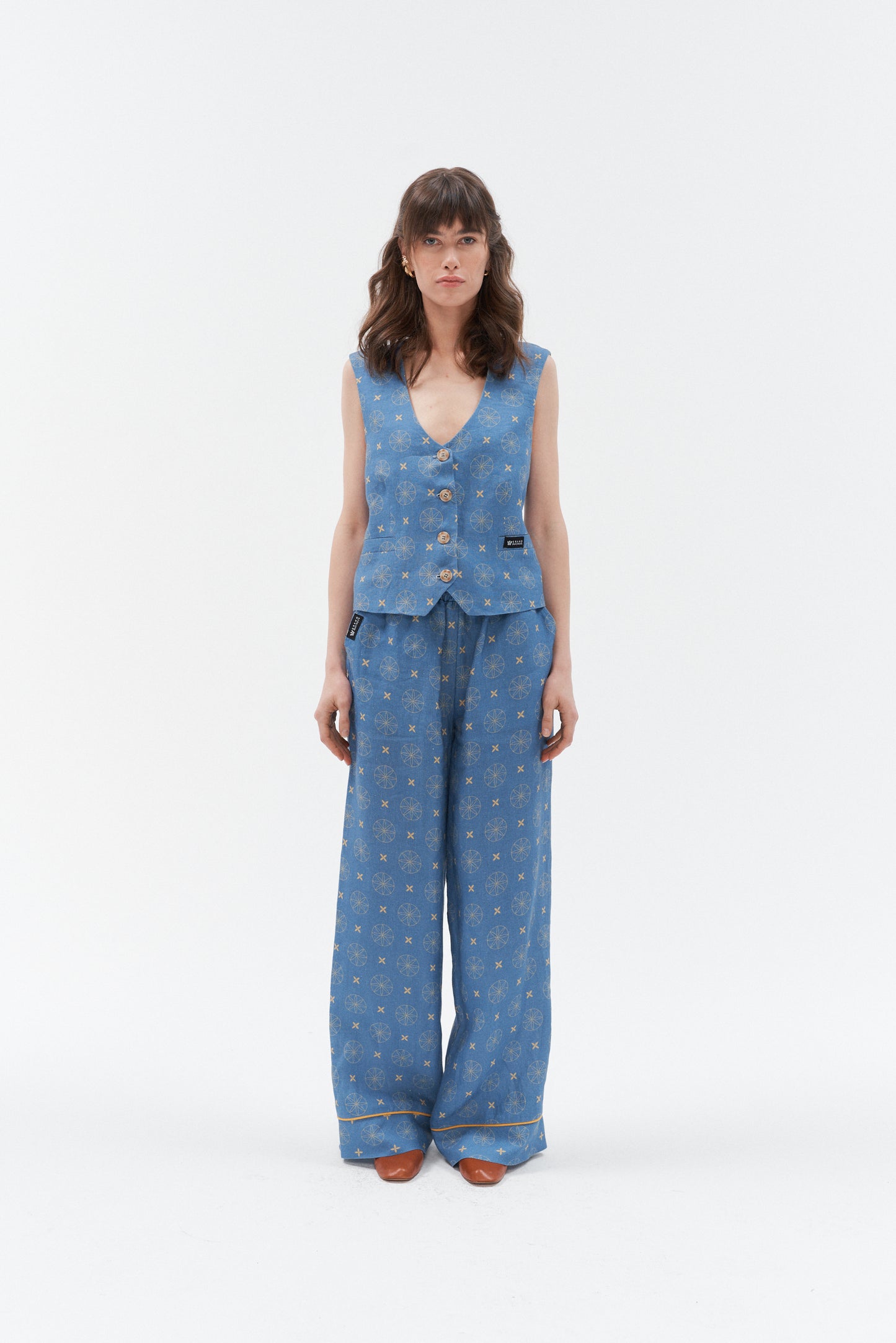 Grand Duchess linen waistcoat vesta blue; linen vest for women; elegant unique print linen waistcoat for women; fashionable linen waistcoat star print; lininė liemenė moteriška