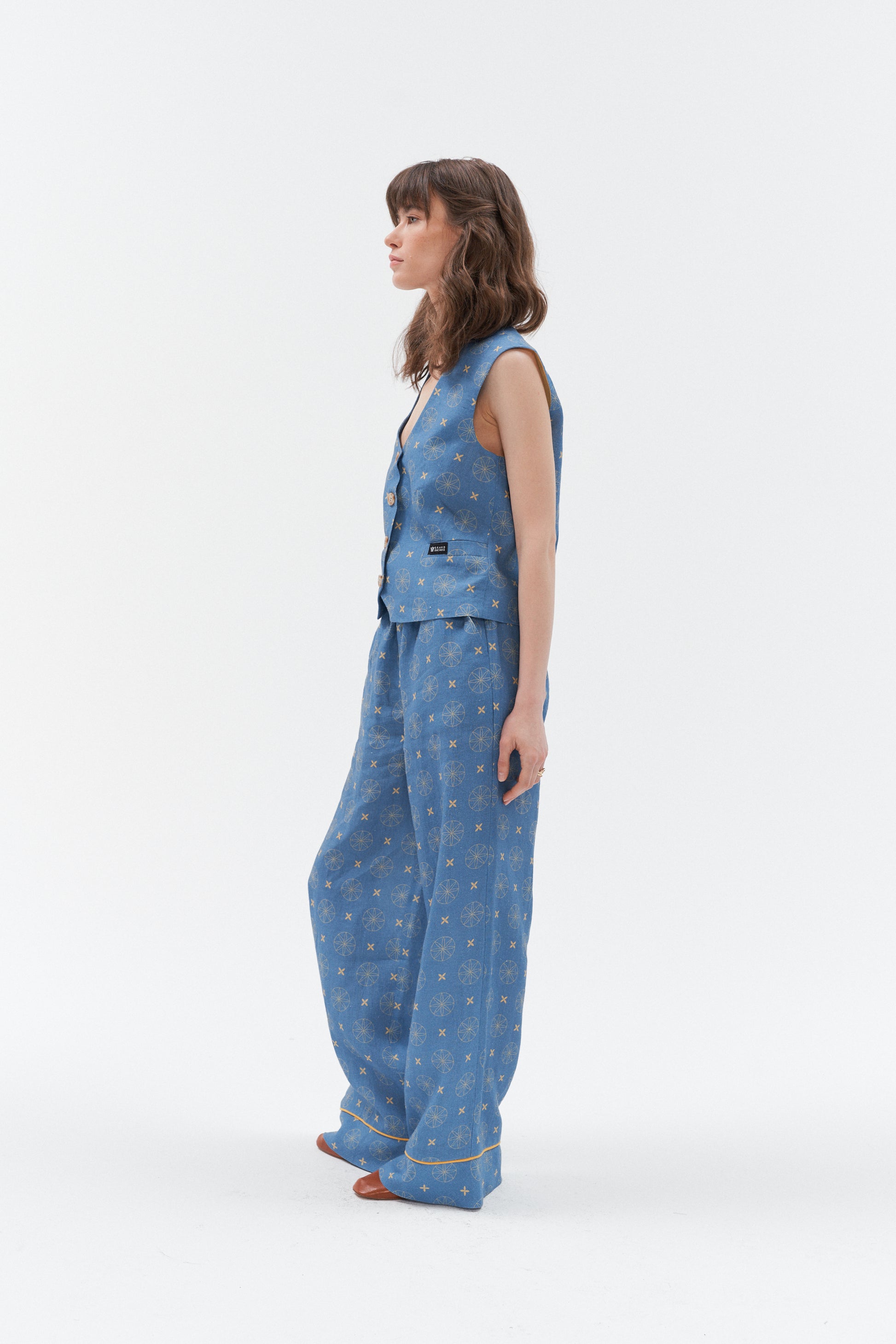 Grand Duchess linen waistcoat vesta blue; linen vest for women; elegant unique print linen waistcoat for women; fashionable linen waistcoat star print; lininė liemenė moteriška