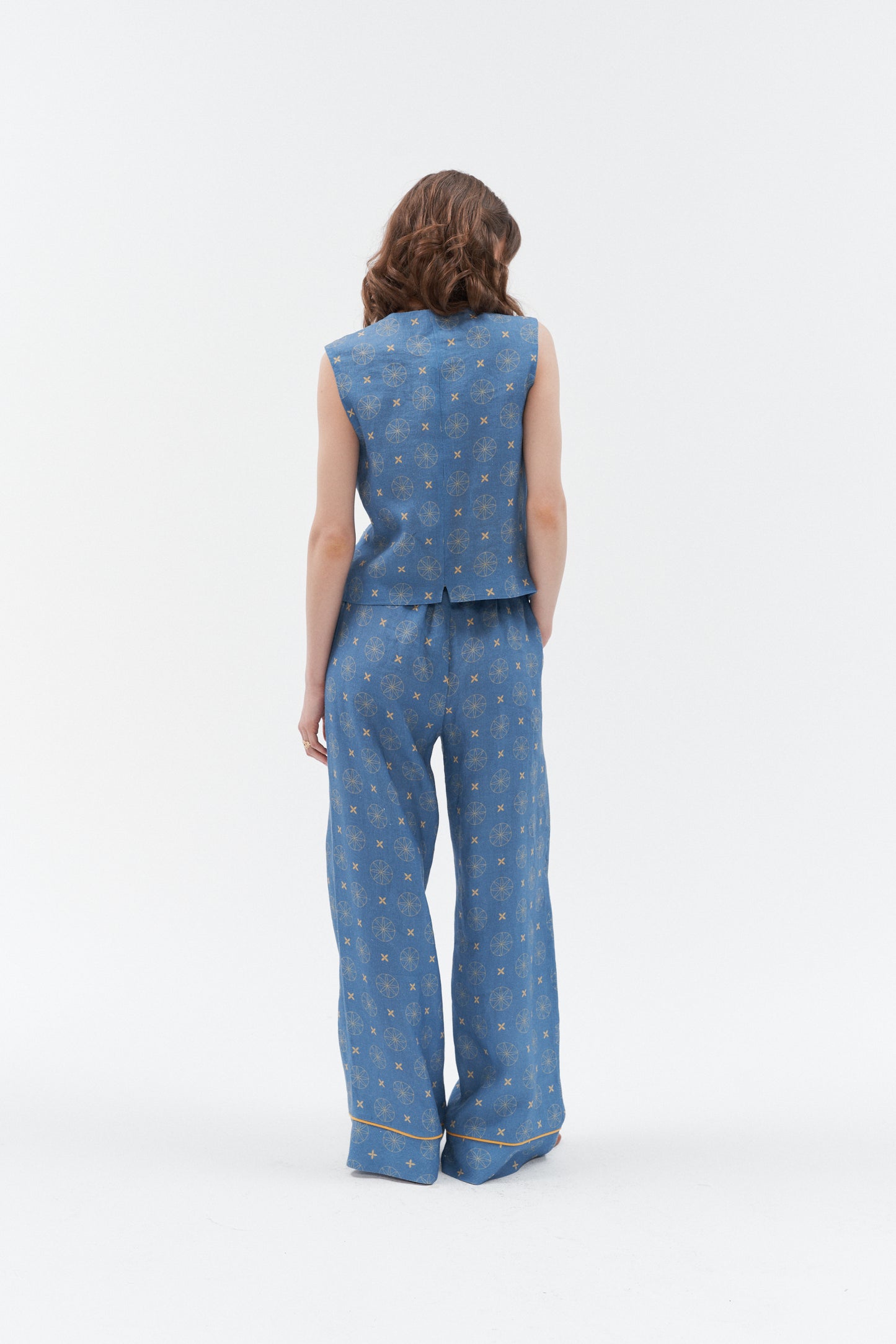 Grand Duchess linen waistcoat vesta blue; linen vest for women; elegant unique print linen waistcoat for women; fashionable linen waistcoat star print; lininė liemenė moteriška