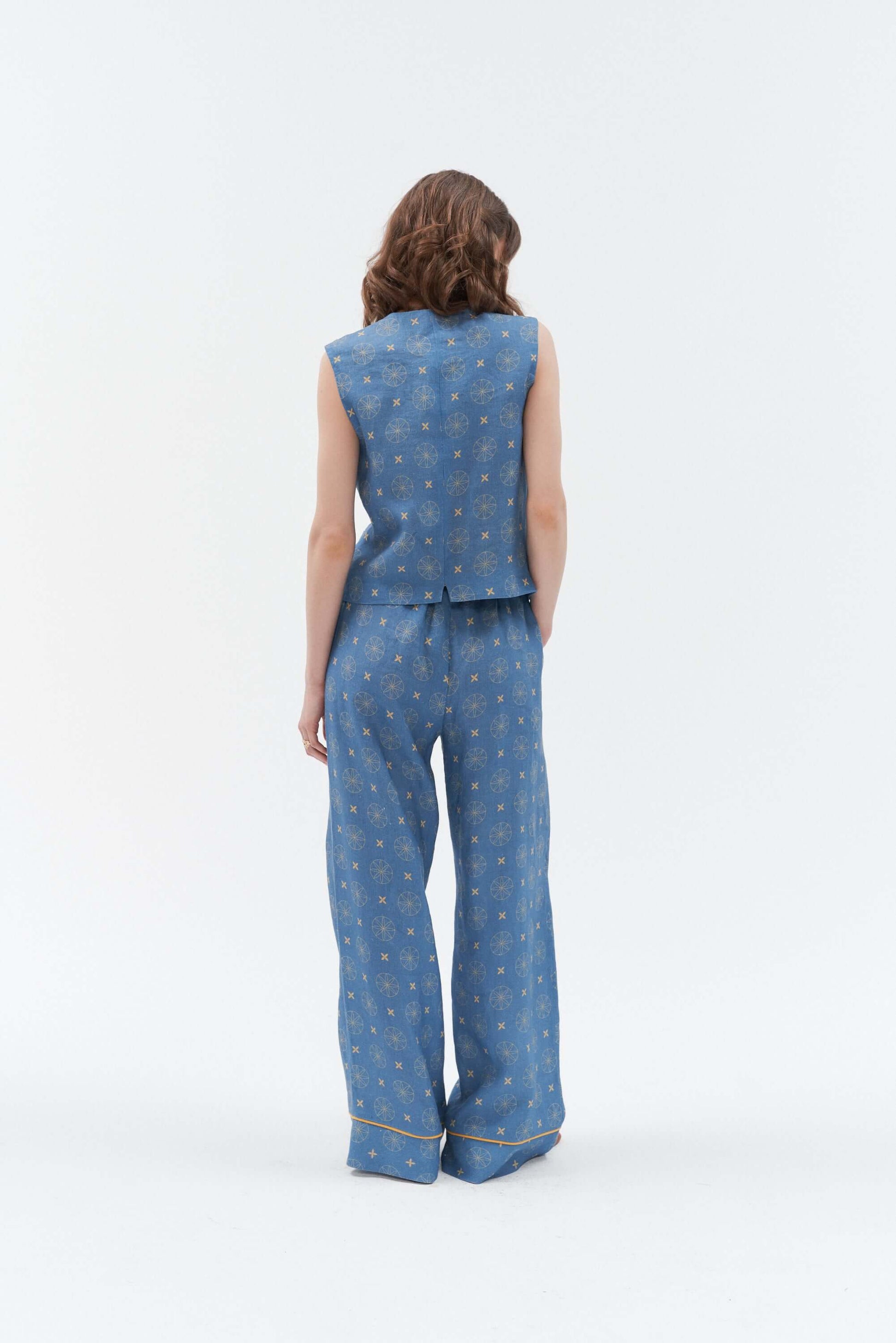 Grand Duchess linen waistcoat vesta blue; linen vest for women; elegant unique print linen waistcoat for women; fashionable linen waistcoat star print; lininė liemenė moteriška