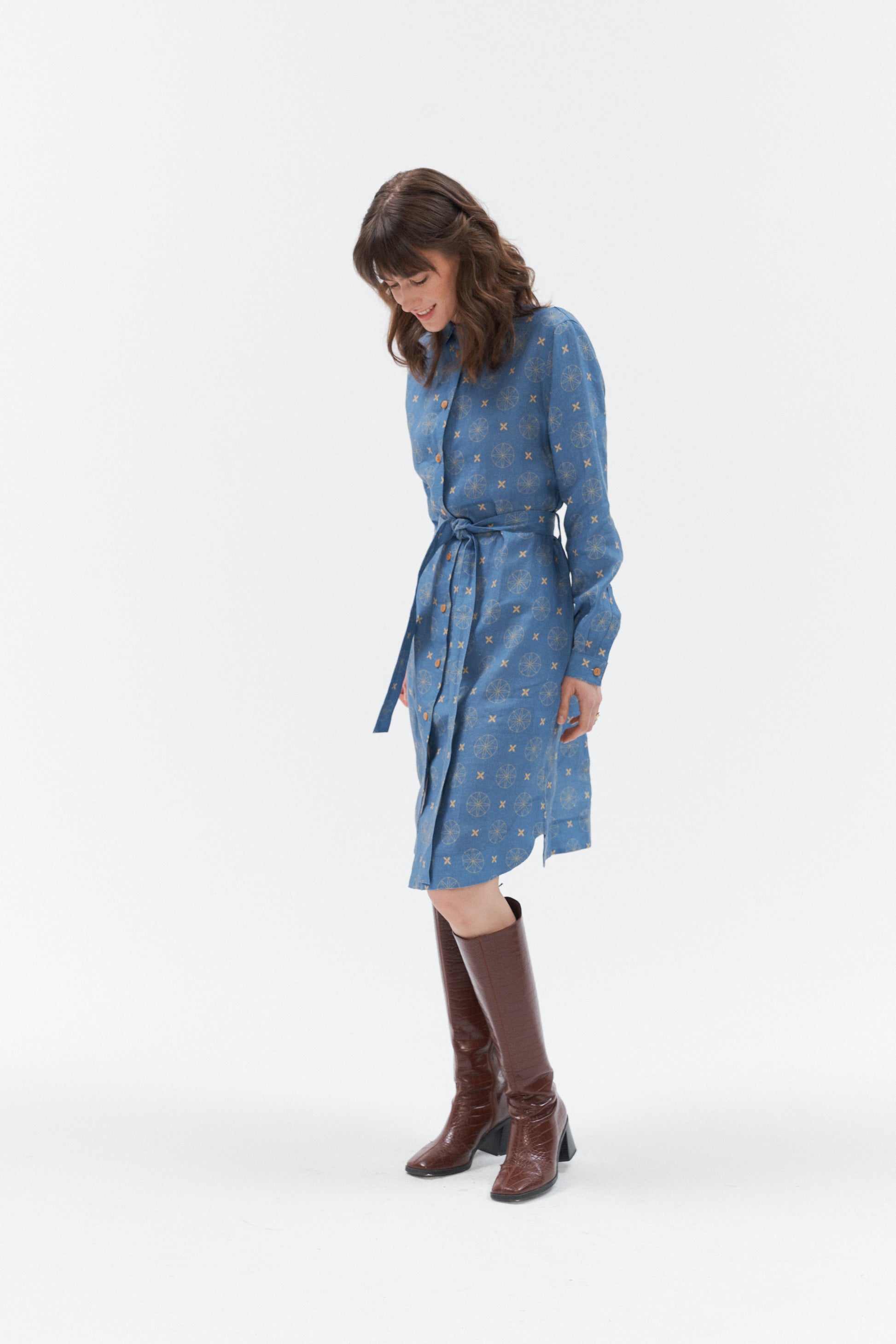 Grand Ducheess - long sleeve linen dress Rock star; unique pattern midi linen dress; blue and midi linen dress; 100% linen dress; exclusive midi dress; Women citywear linen dress; Summer Linen Dress with pockets and strap