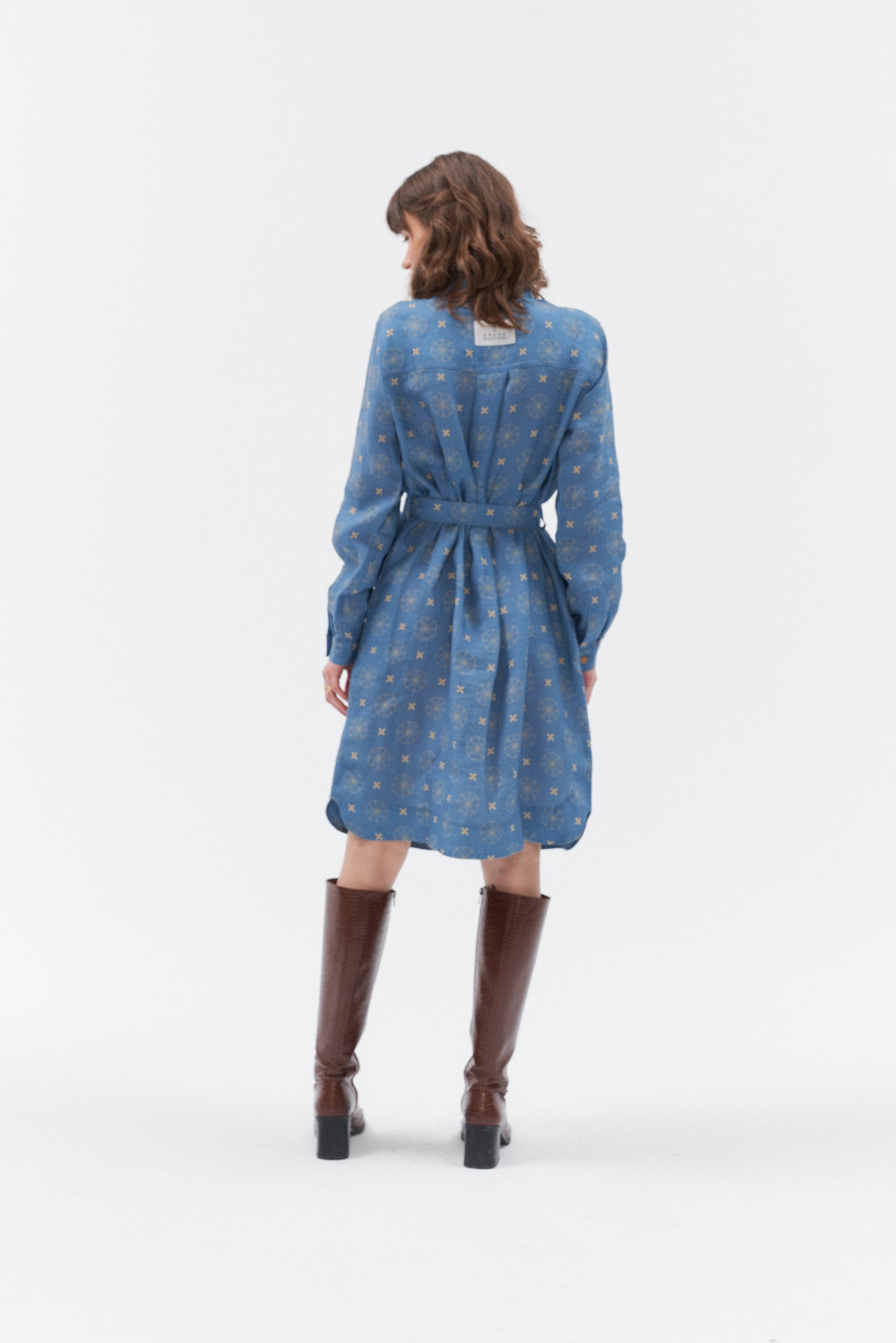 Grand Ducheess - long sleeve linen dress Rock star; unique pattern midi linen dress; blue and midi linen dress; 100% linen dress; exclusive midi dress; Women citywear linen dress; Summer Linen Dress with pockets and strap