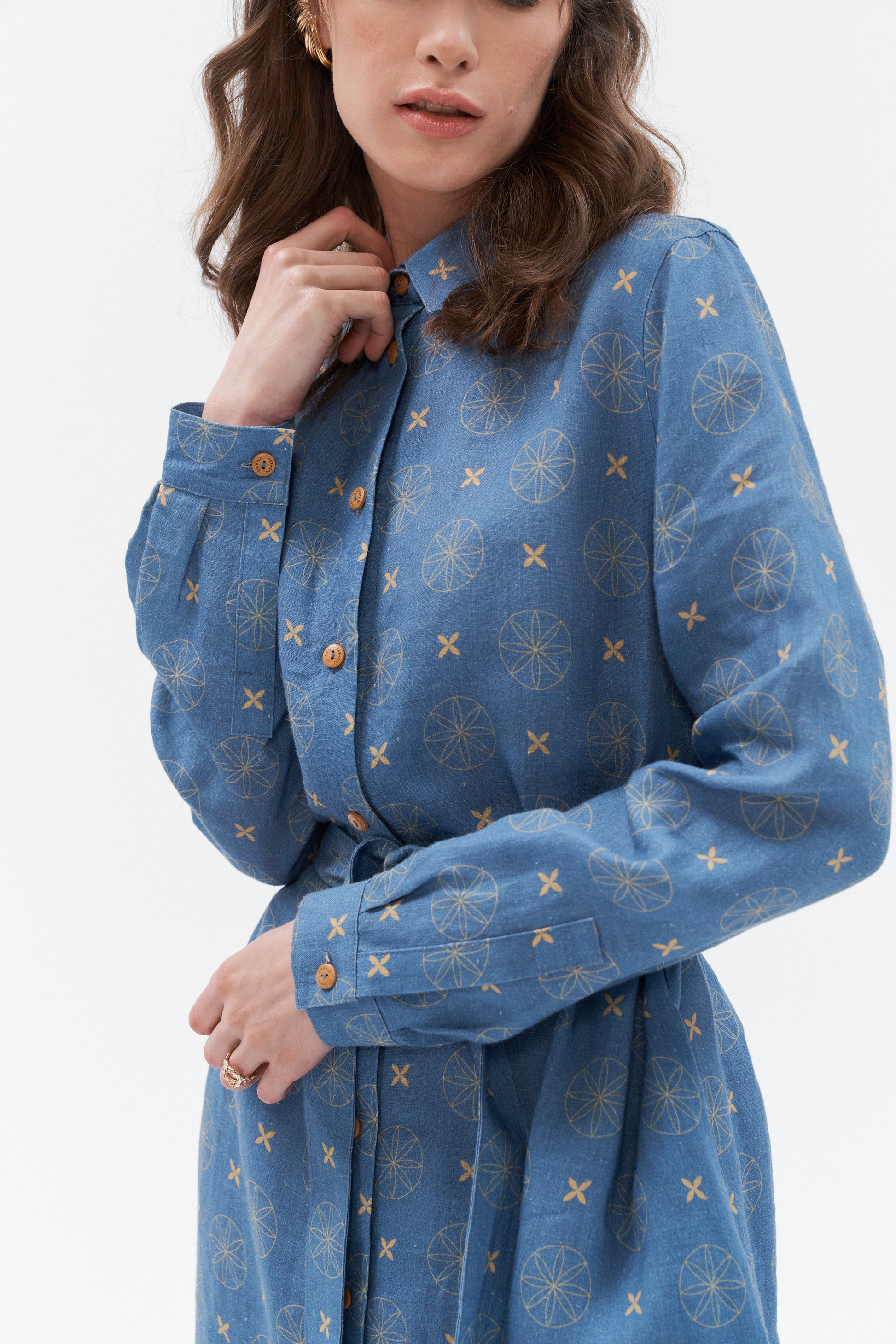 Grand Ducheess - long sleeve linen dress Rock star; unique pattern midi linen dress; blue and midi linen dress; 100% linen dress; exclusive midi dress; Women citywear linen dress; Summer Linen Dress with pockets and strap