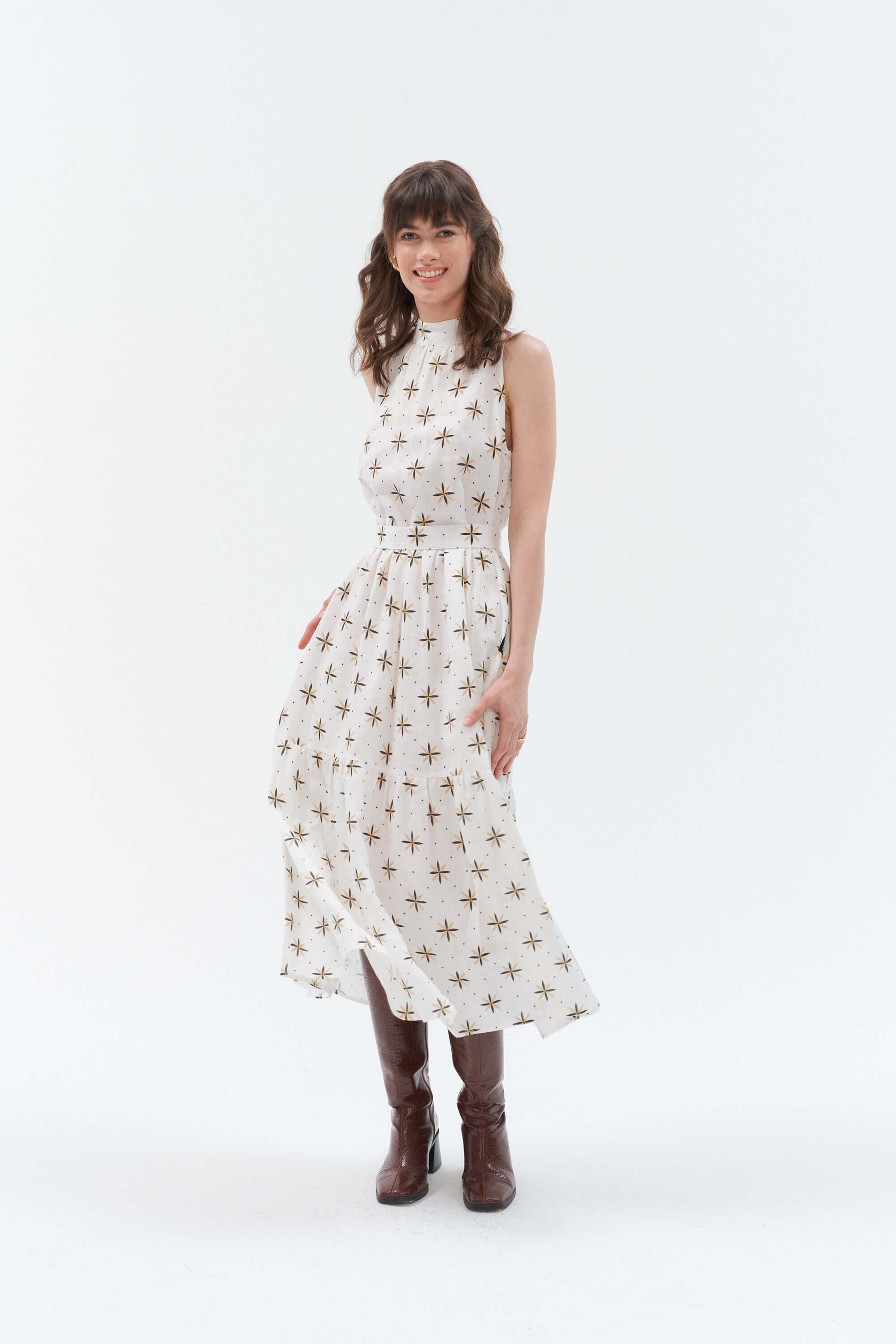 Grand Duchess boho style long linen dress Blinding star; unique linen pattern long dress; white and long linen dress; 100% bohemian linen dress; boho style linen dress; exclusive boho-style long dress; Women beachwear boho linen dress; Summer Linen Dress with pockets and strap