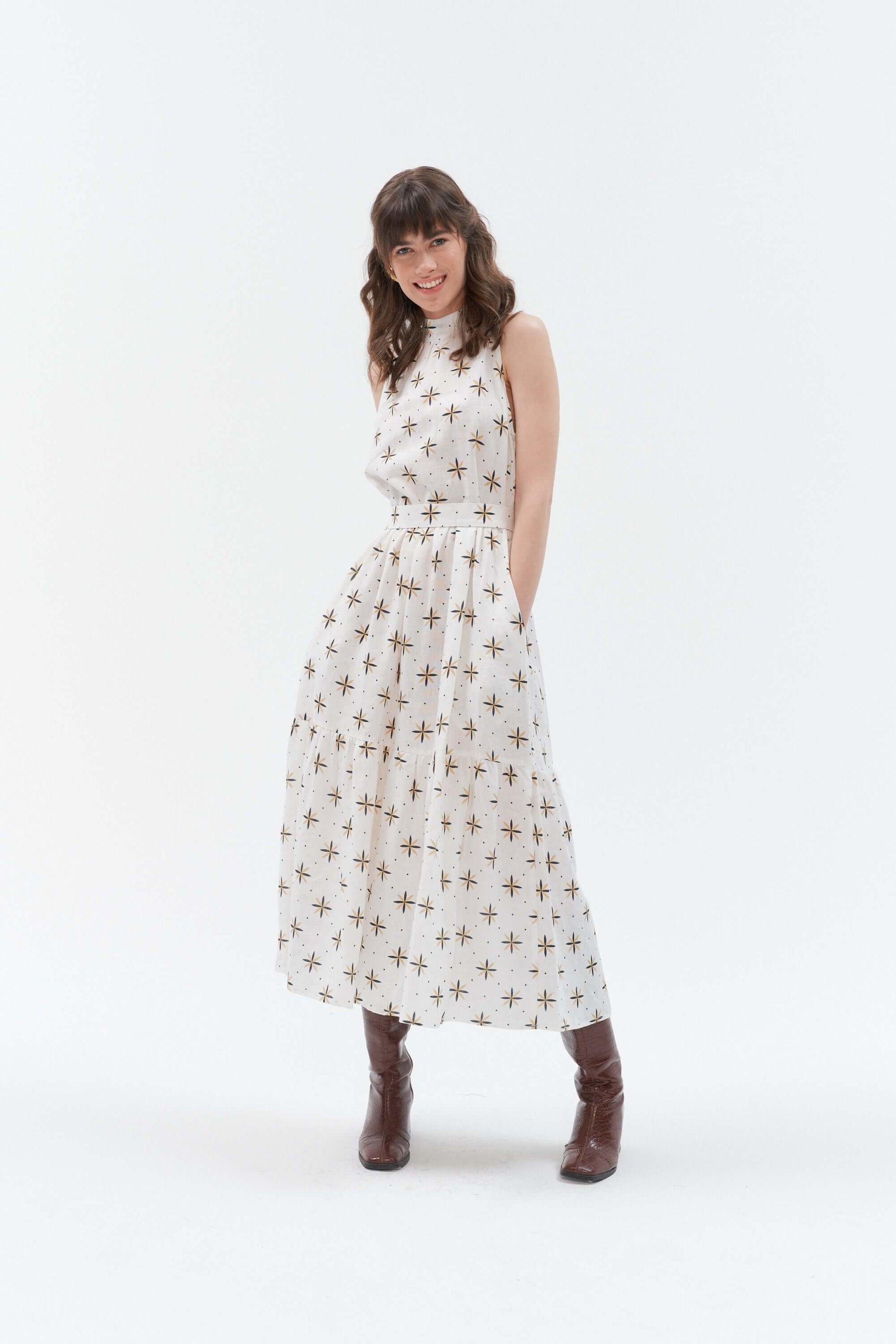 Grand Duchess boho style long linen dress Blinding star; unique linen pattern long dress; white and long linen dress; 100% bohemian linen dress; boho style linen dress; exclusive boho-style long dress; Women beachwear boho linen dress