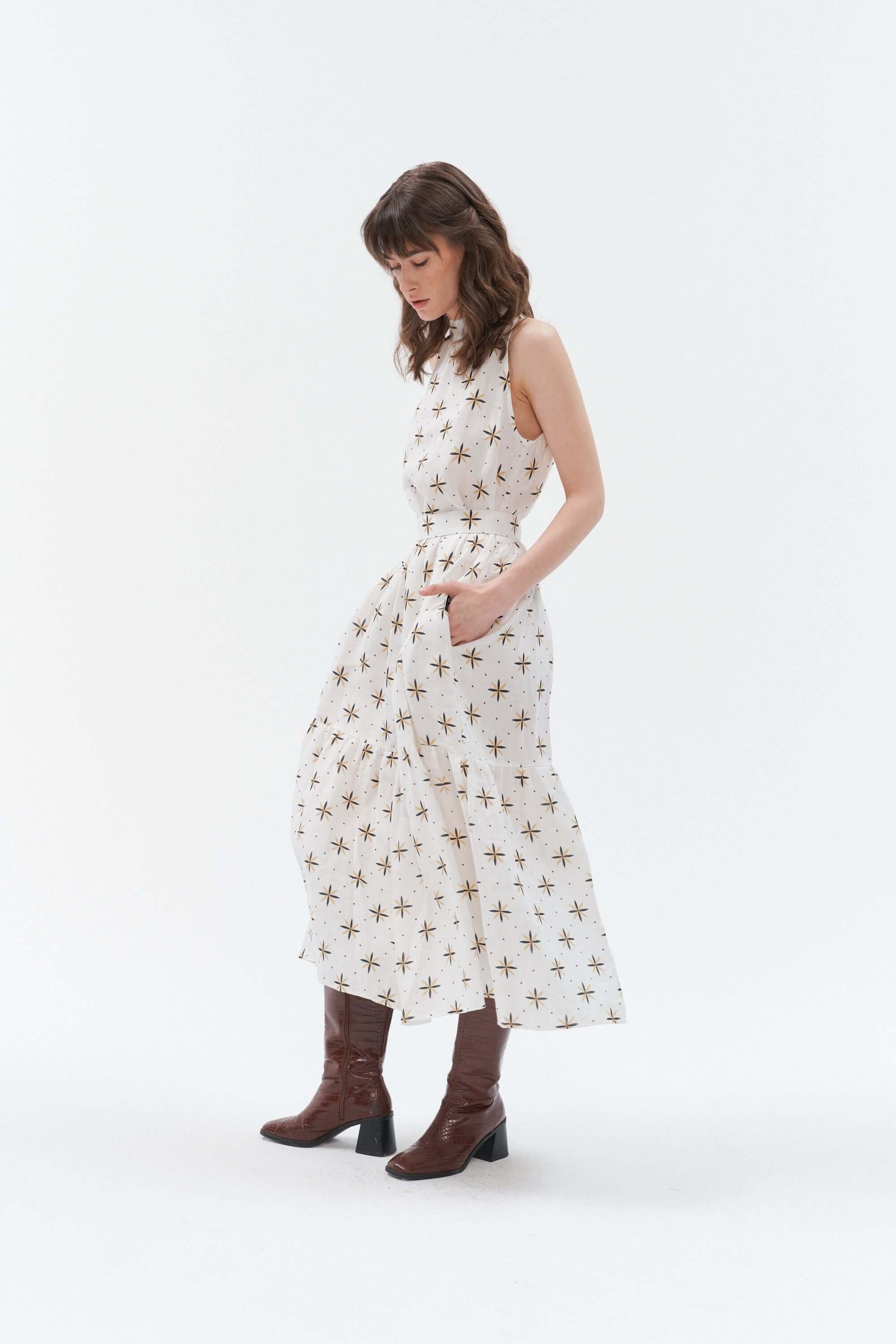 Grand Duchess boho style long linen dress Blinding star; unique linen pattern long dress; white and long linen dress; 100% bohemian linen dress; boho style linen dress; exclusive boho-style long dress; Women beachwear boho linen dress